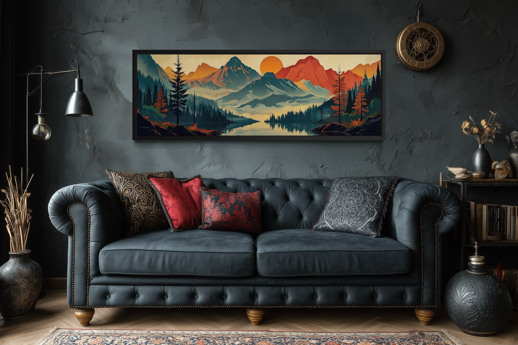 Mountains, Forest And Lake Mid Century Modern Horizontal Landscape Canvas Wall Art