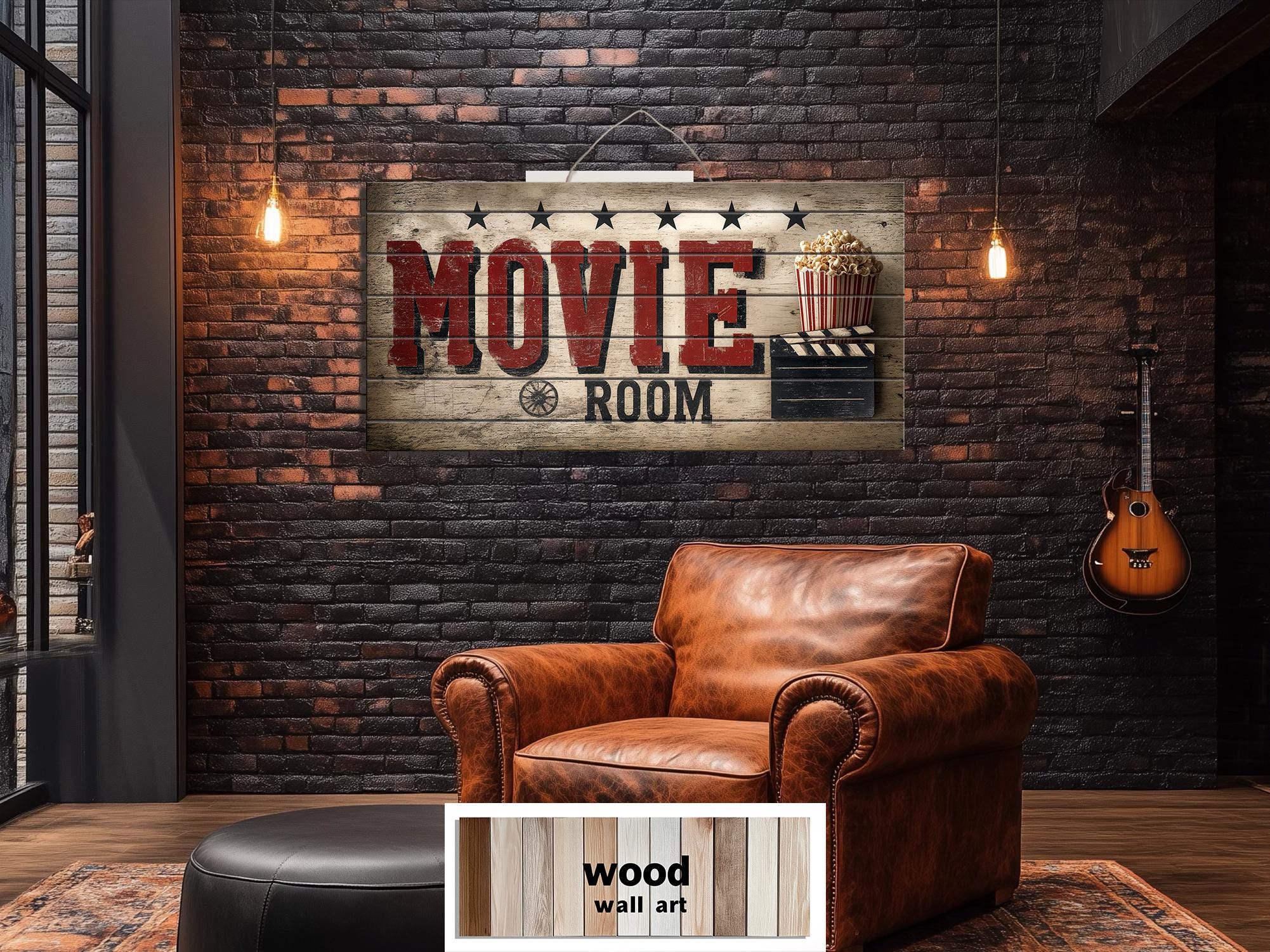 Movie Room Wall Art – Rustic Wood Sign Distressed Print for Home Theater