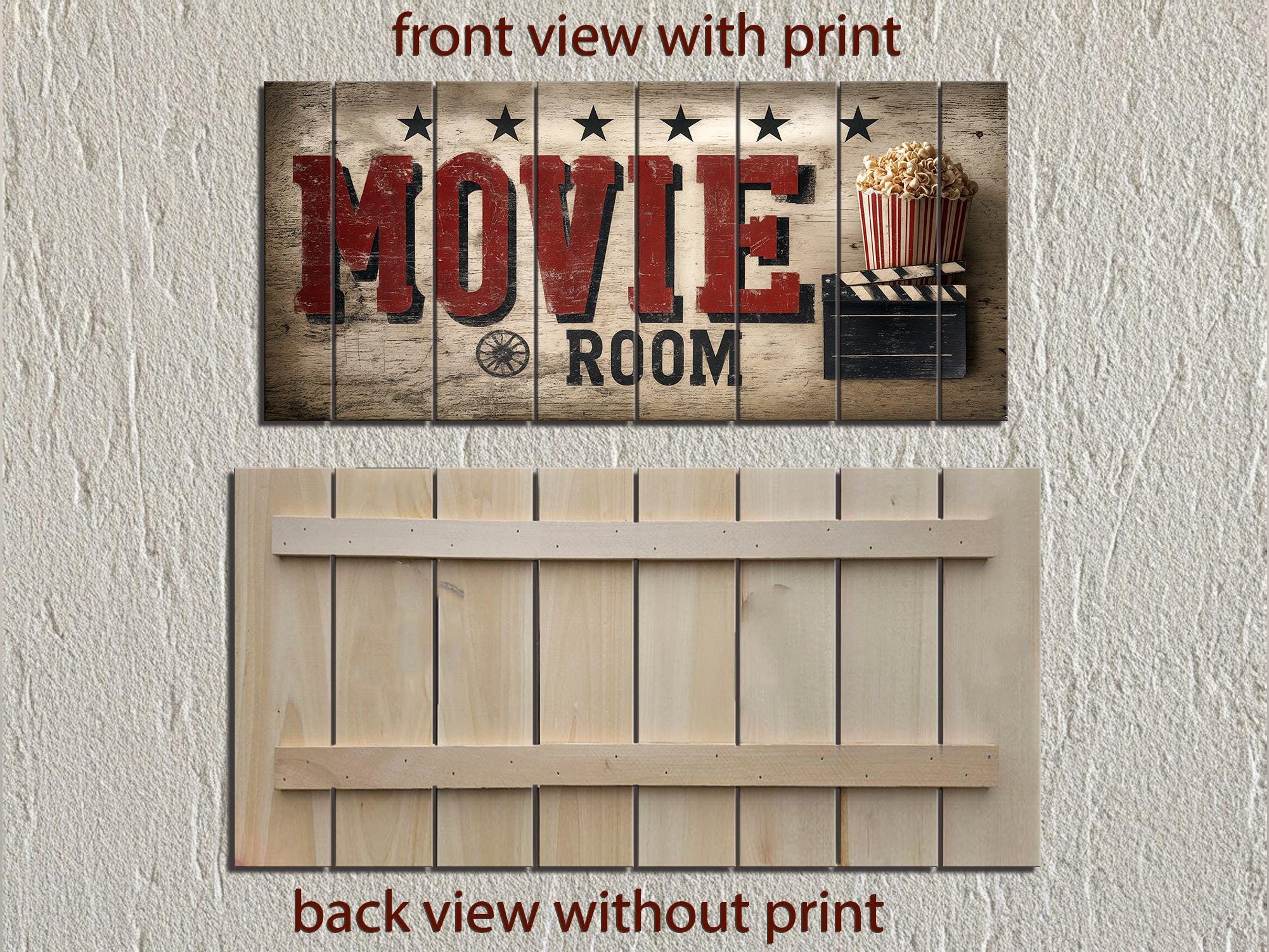 Movie Room Wall Art – Rustic Wood Sign Distressed Print for Home Theater