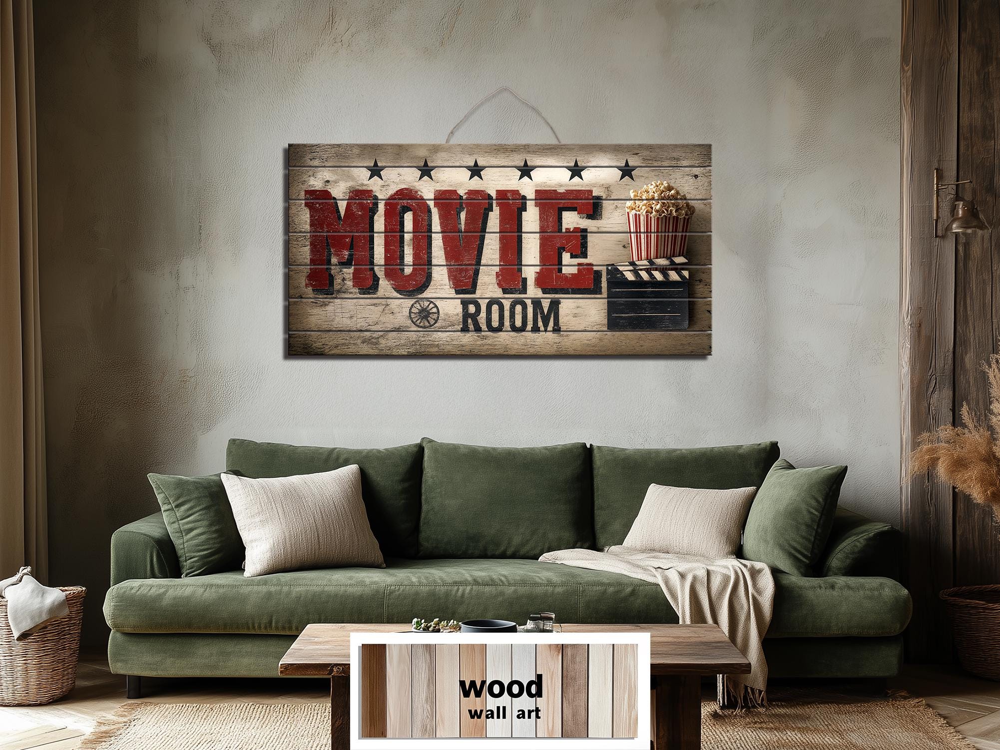 Movie Room Wall Art – Rustic Wood Sign Distressed Print for Home Theater
