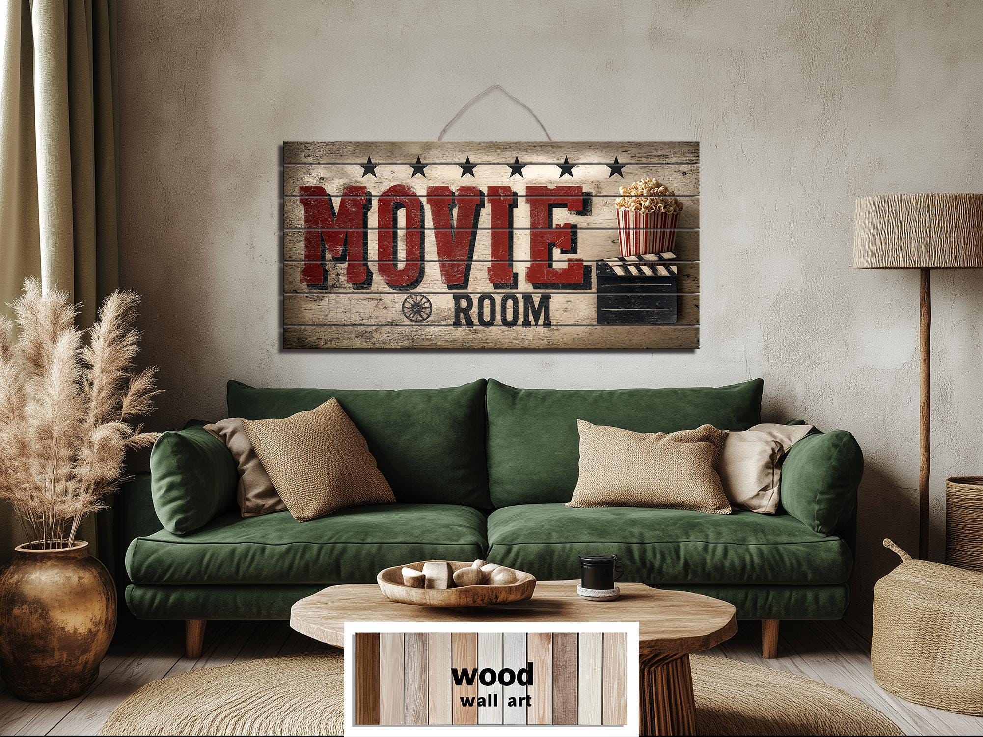 Movie Room Wall Art – Rustic Wood Sign Distressed Print for Home Theater