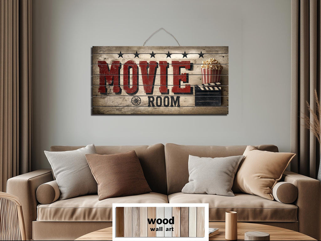 Movie Room Wall Art – Rustic Wood Sign Distressed Print for Home Theater
