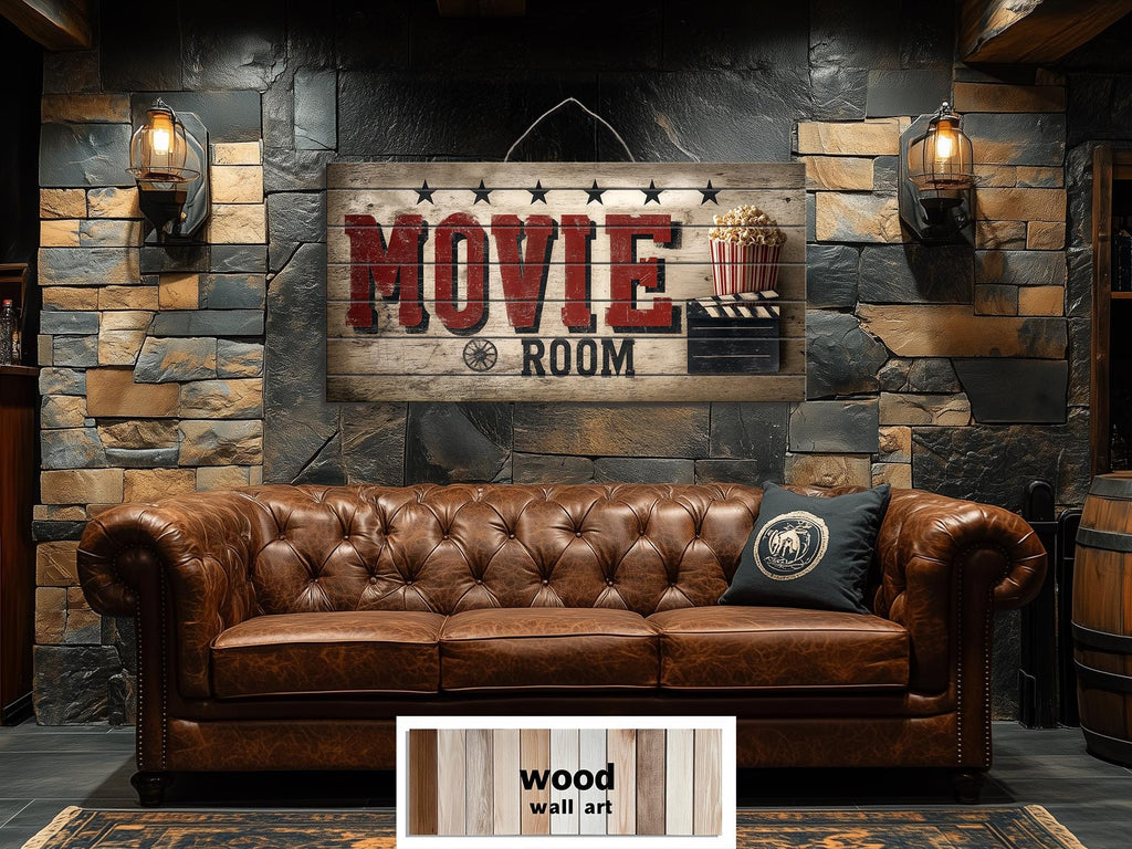 Movie Room Wall Art – Rustic Wood Sign Distressed Print for Home Theater