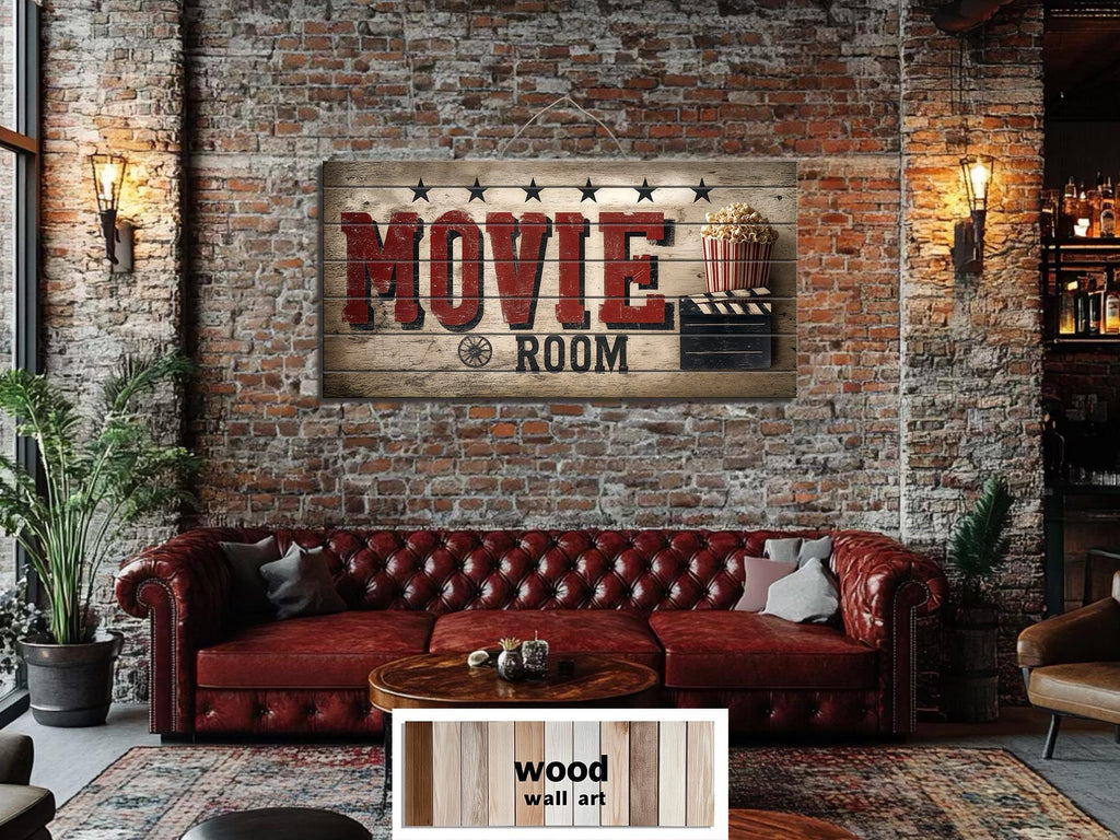 Movie Room Wall Art – Rustic Wood Sign Distressed Print for Home Theater