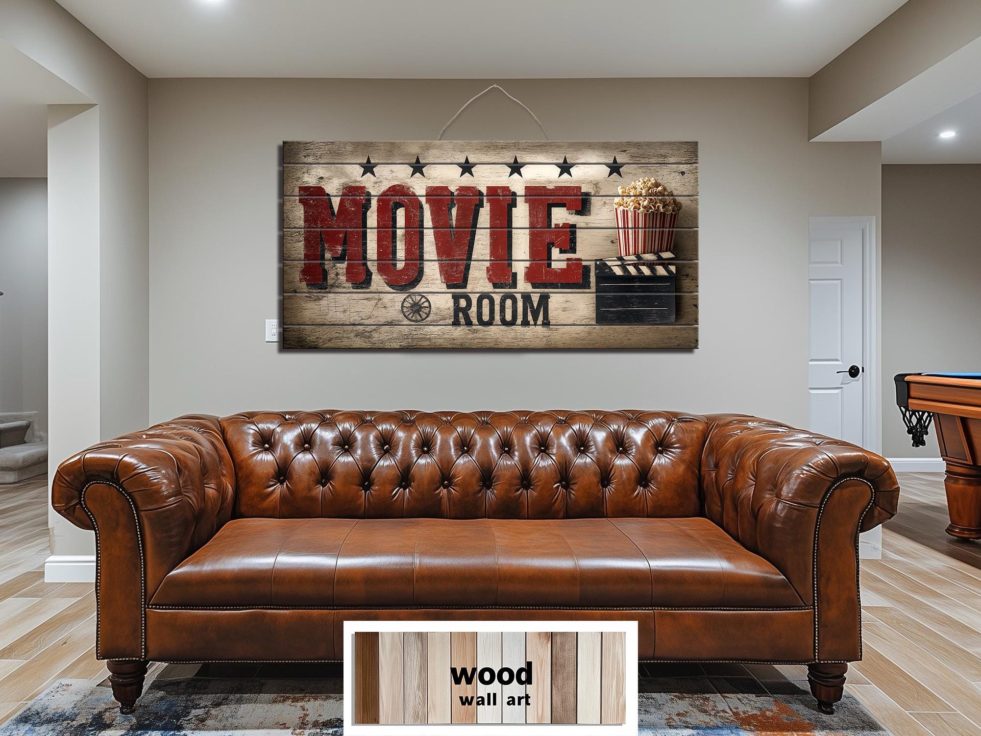 Movie Room Wall Art – Rustic Wood Sign Distressed Print for Home Theater