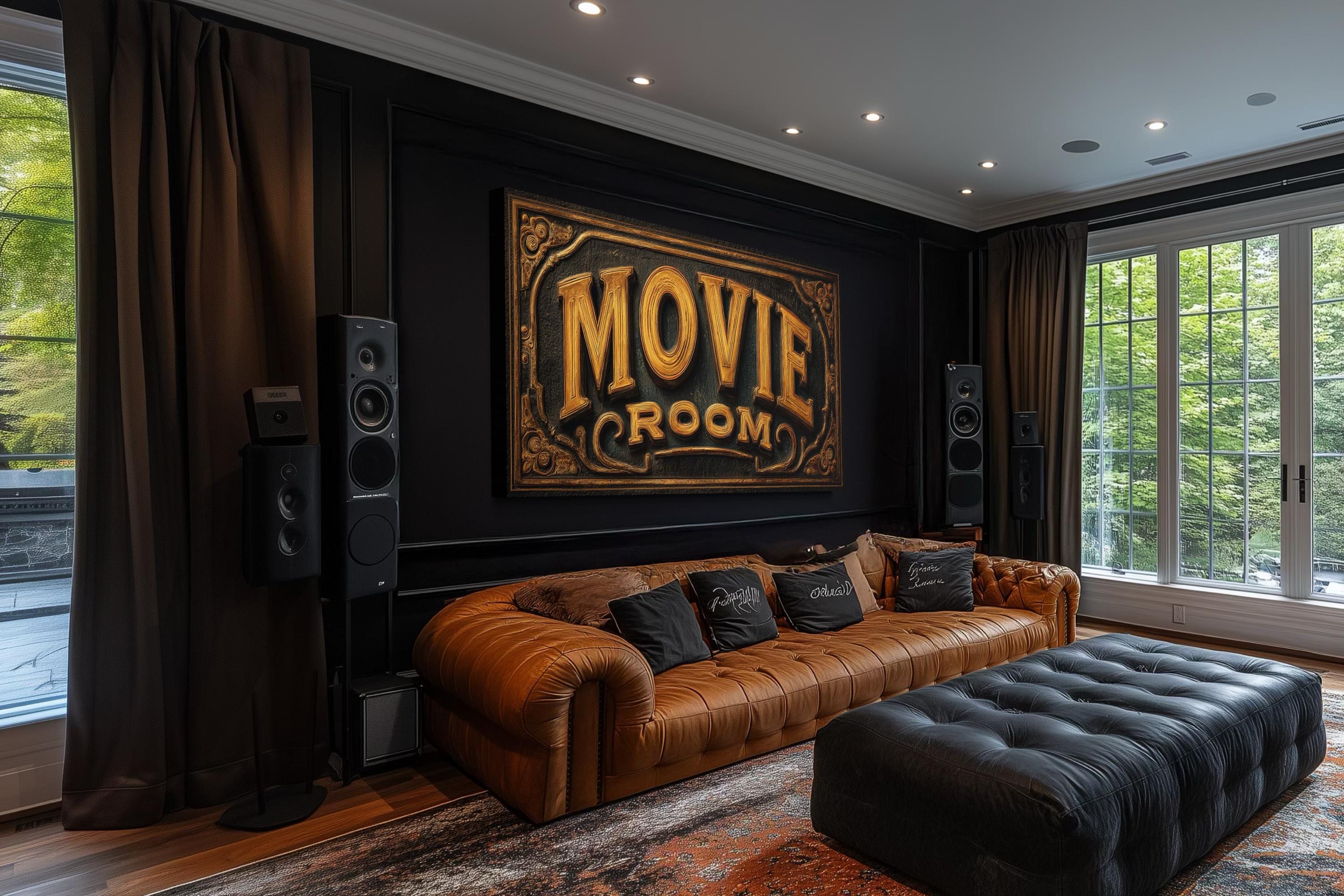 Movie Room Wall Art - Vintage Cinema Sign Canvas Print | Black Gold Film Decor