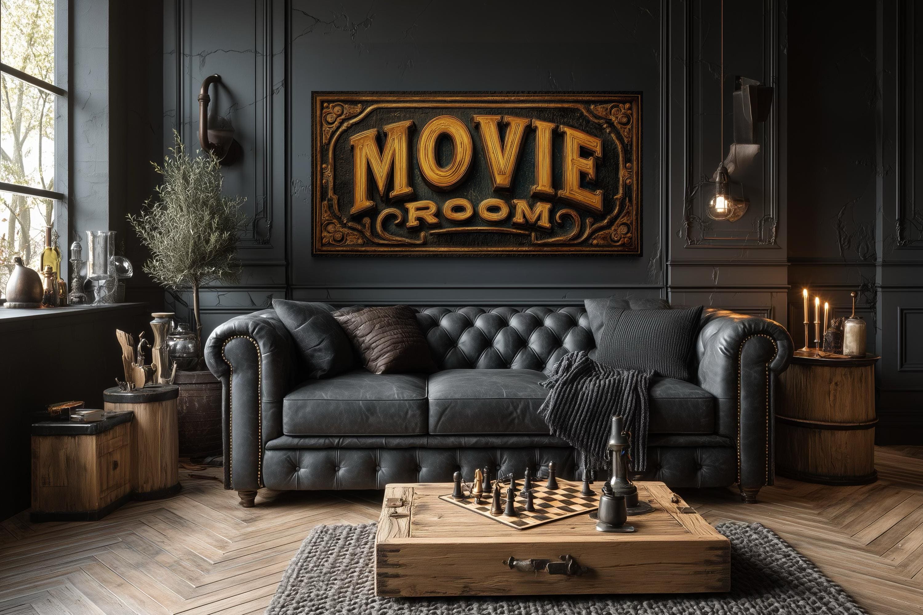 Movie Room Wall Art - Vintage Cinema Sign Canvas Print | Black Gold Film Decor