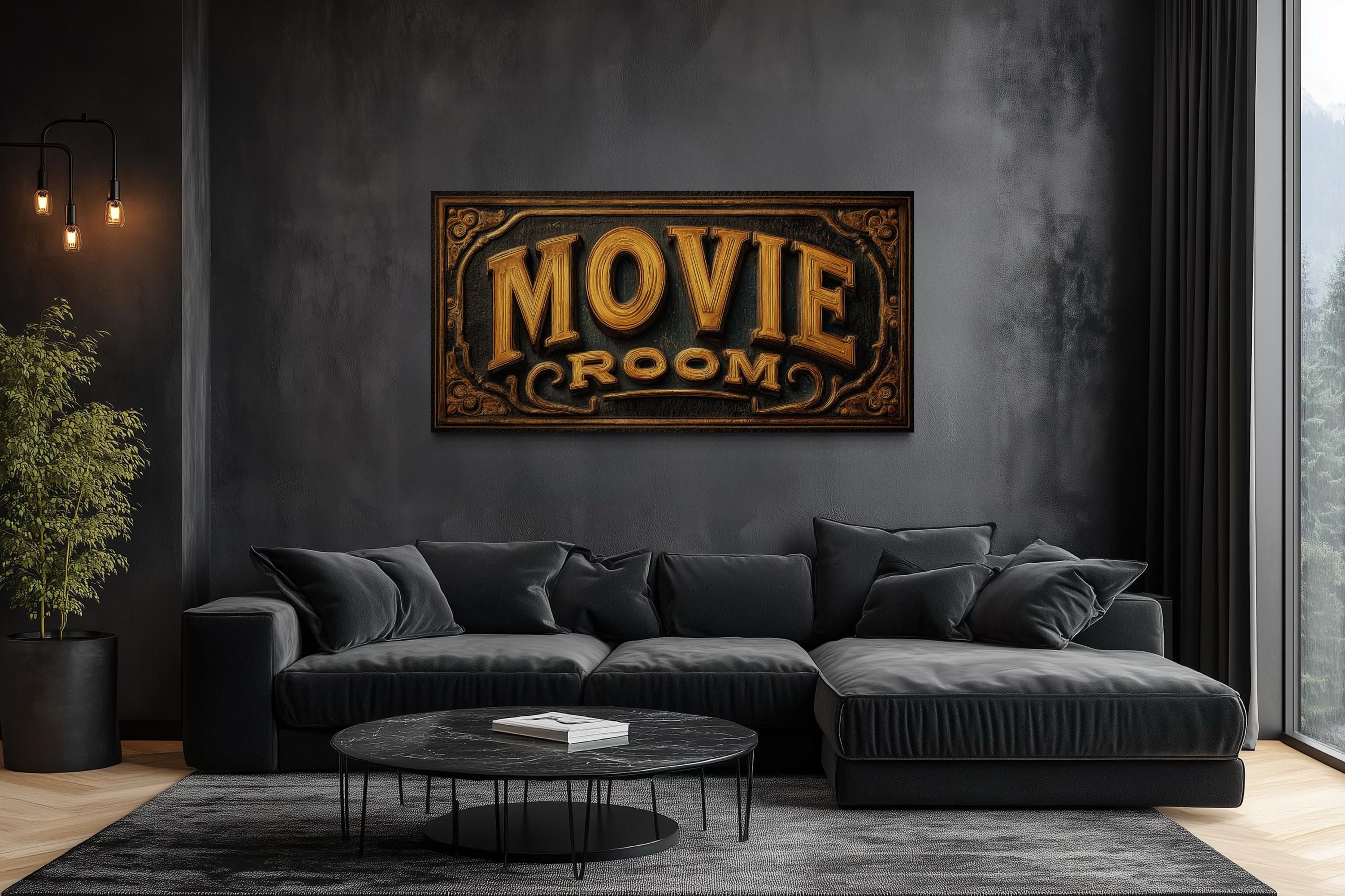 Movie Room Wall Art - Vintage Cinema Sign Canvas Print | Black Gold Film Decor