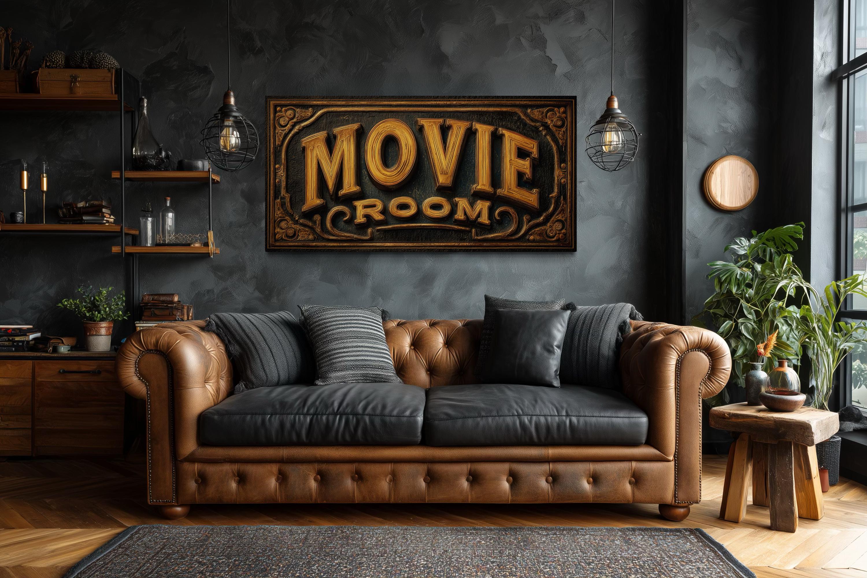 Movie Room Wall Art - Vintage Cinema Sign Canvas Print | Black Gold Film Decor