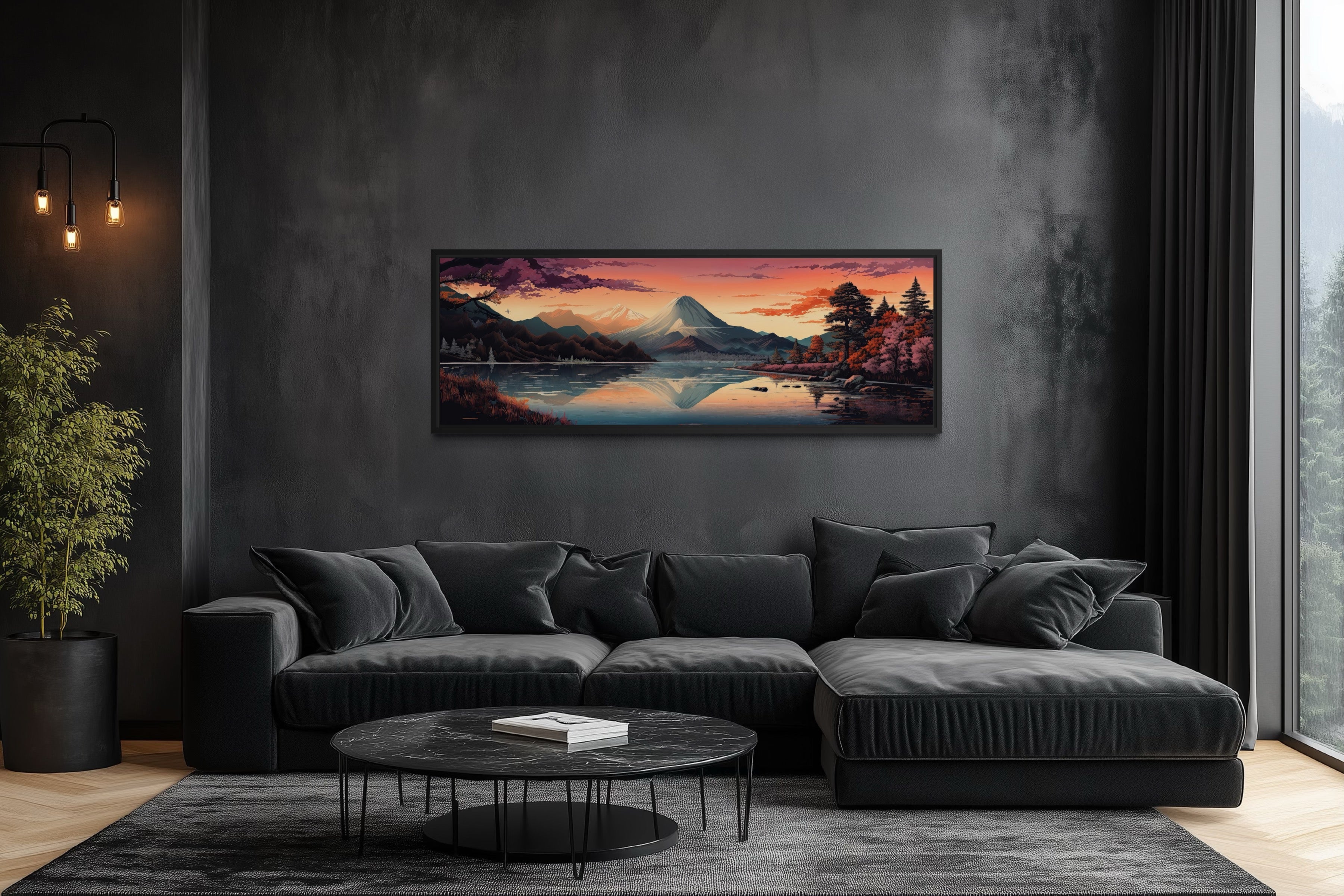 Mt. Fuji And Lake Kawaguchiko Japanese Landscape Horizontal Framed Canvas Wall Art