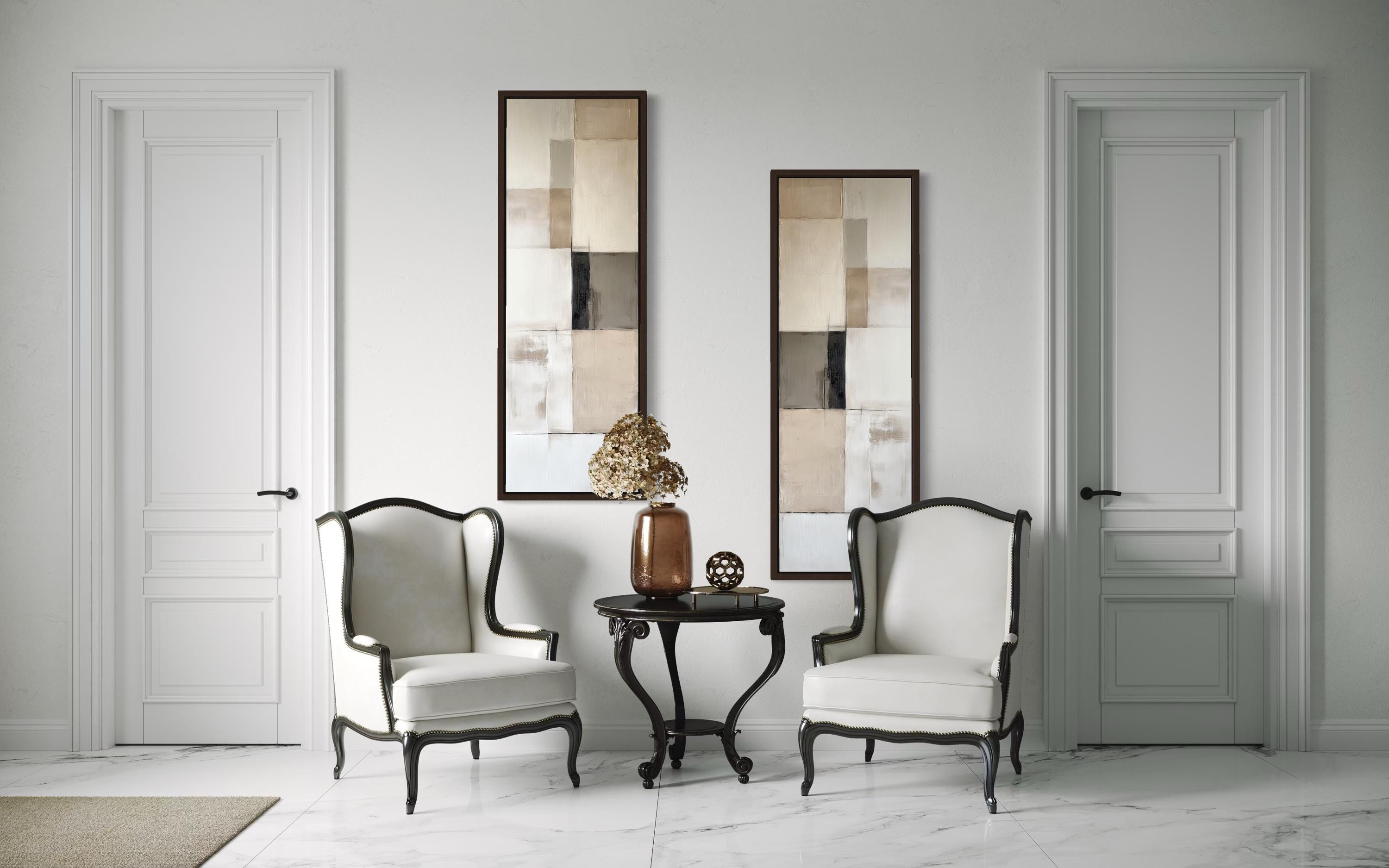 Narrow Geometric Neutral Abstract Set of 2 Canvas Wall Art