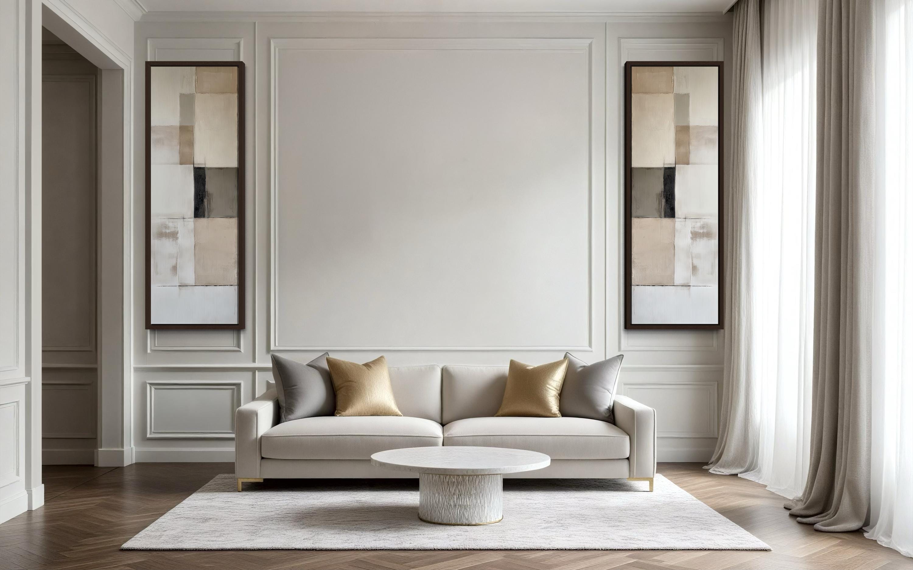 Narrow Geometric Neutral Abstract Set of 2 Canvas Wall Art