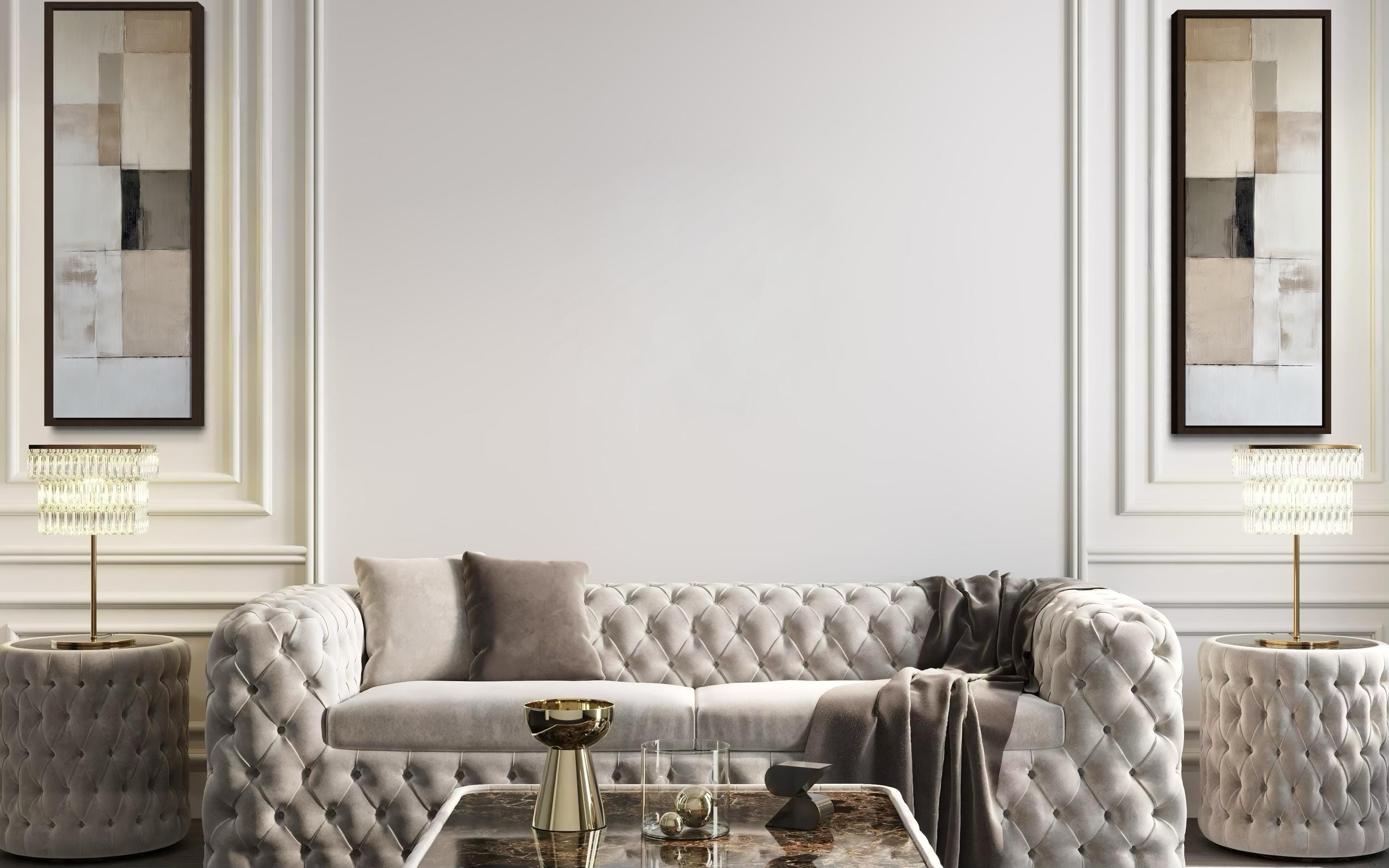 Narrow Geometric Neutral Abstract Set of 2 Canvas Wall Art