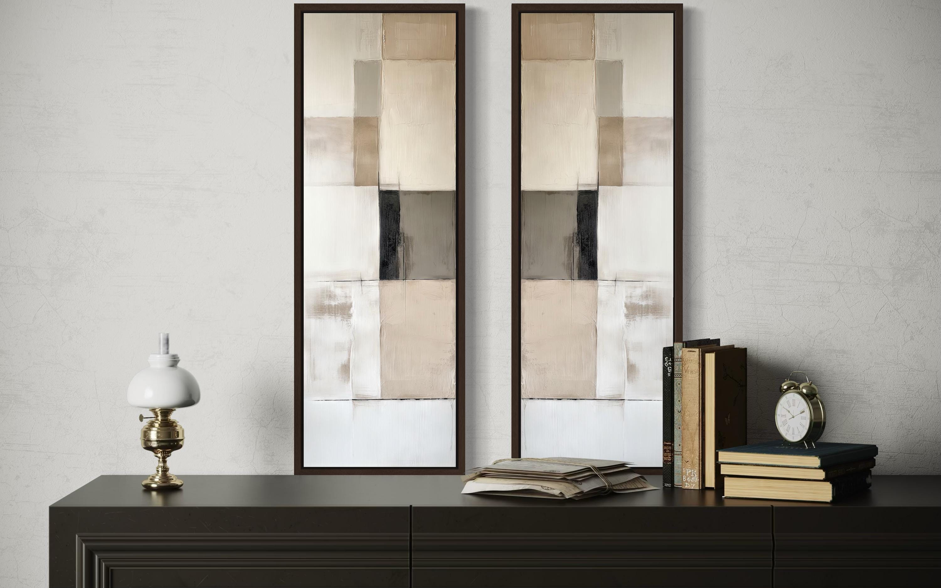 Narrow Geometric Neutral Abstract Set of 2 Canvas Wall Art
