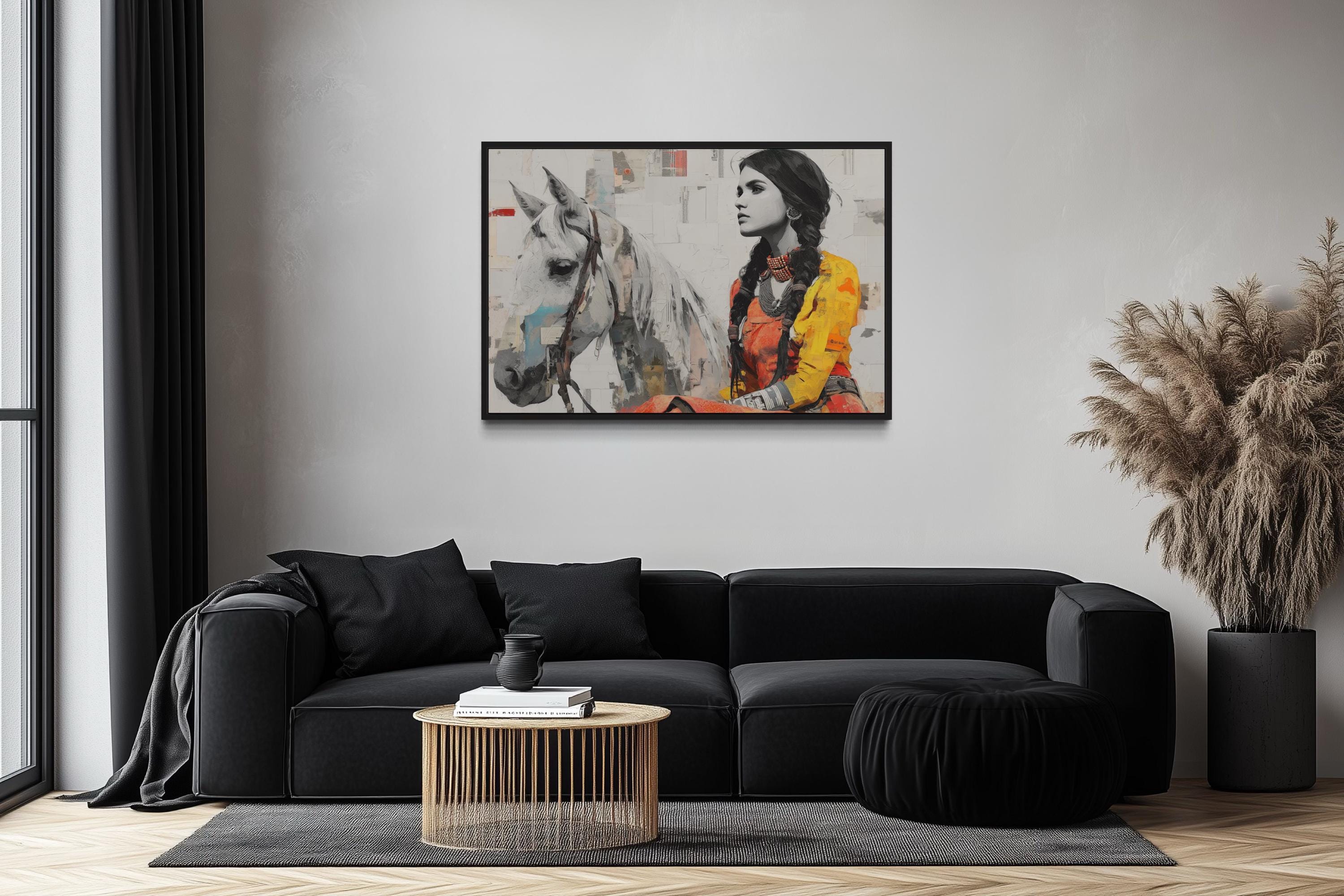 Native American Woman And White Horse Framed Canvas Wall Art