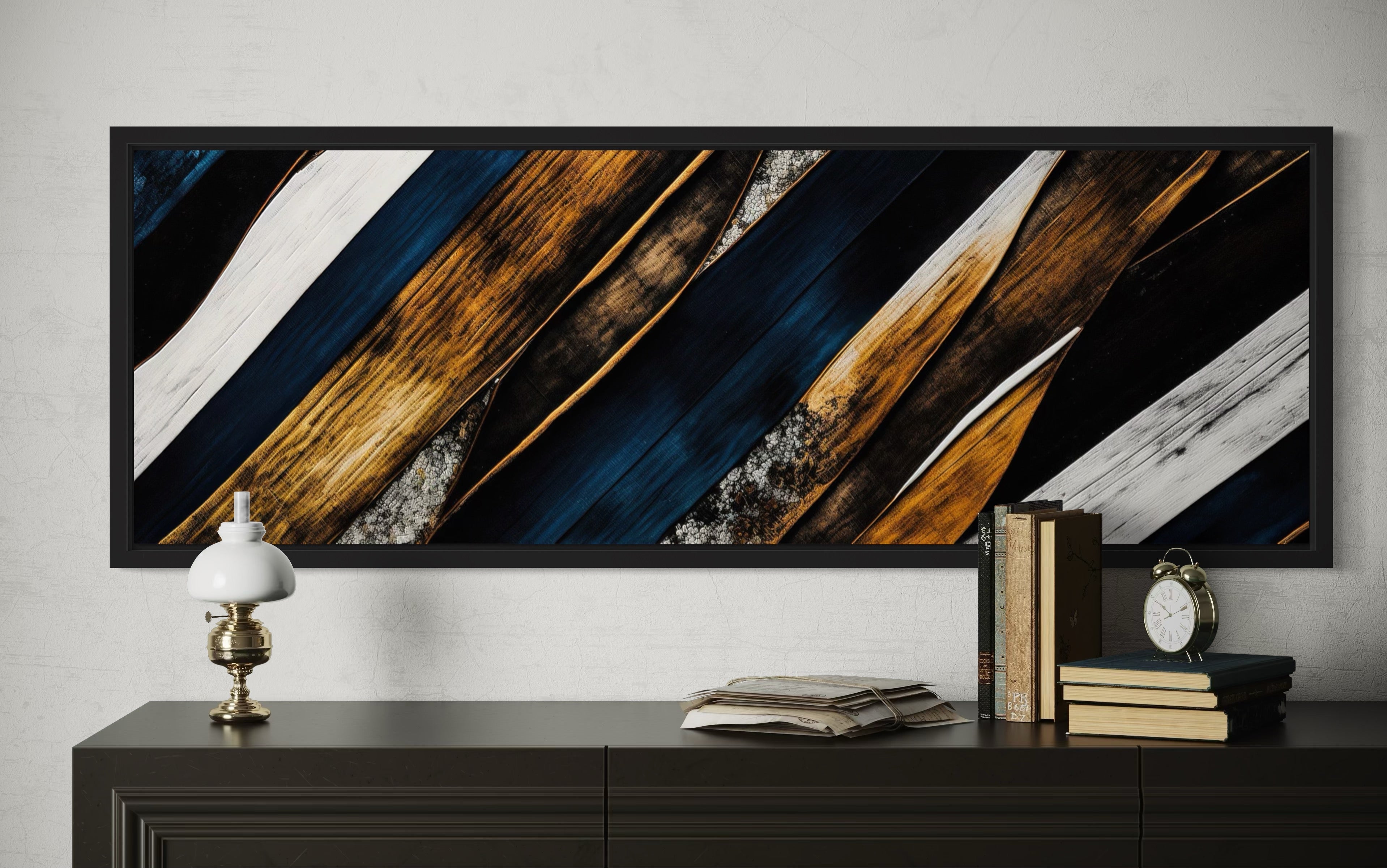 Navy Blue And Gold Long Horizontal Narrow Modern Rustic Framed Canvas Wall Art
