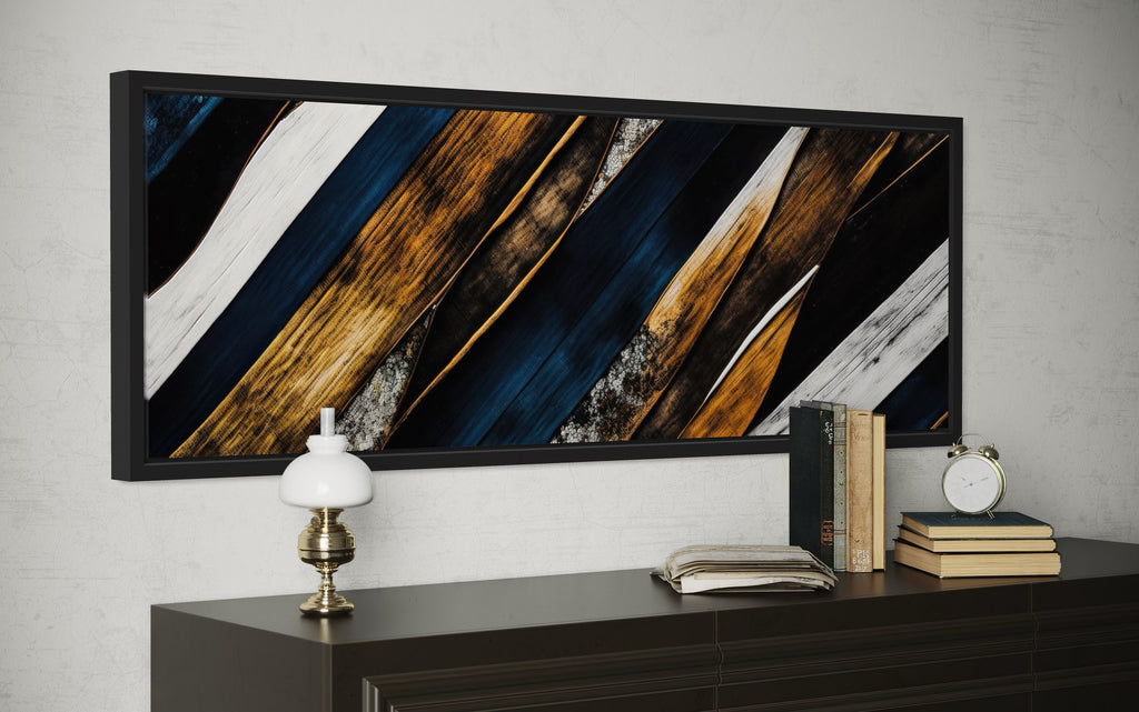 Navy Blue And Gold Long Horizontal Narrow Modern Rustic Framed Canvas Wall Art