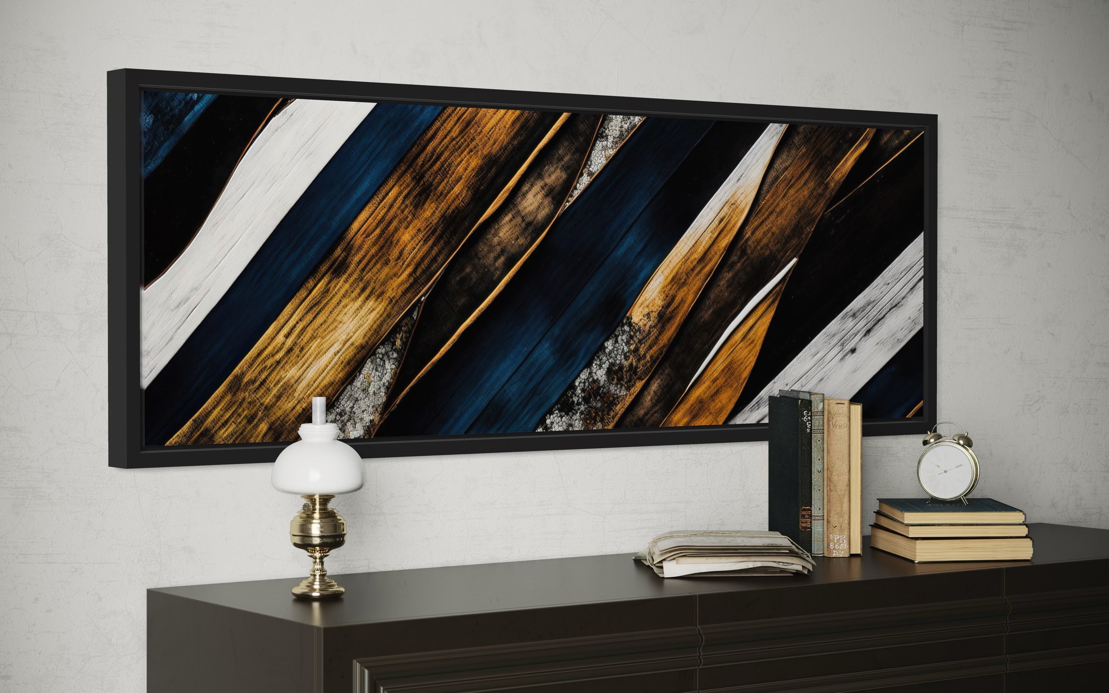 Navy Blue And Gold Long Horizontal Narrow Modern Rustic Framed Canvas Wall Art