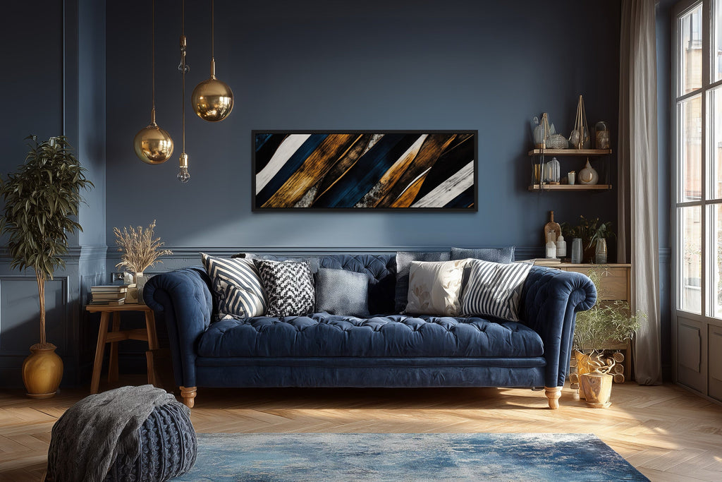 Navy Blue And Gold Long Horizontal Narrow Modern Rustic Framed Canvas Wall Art