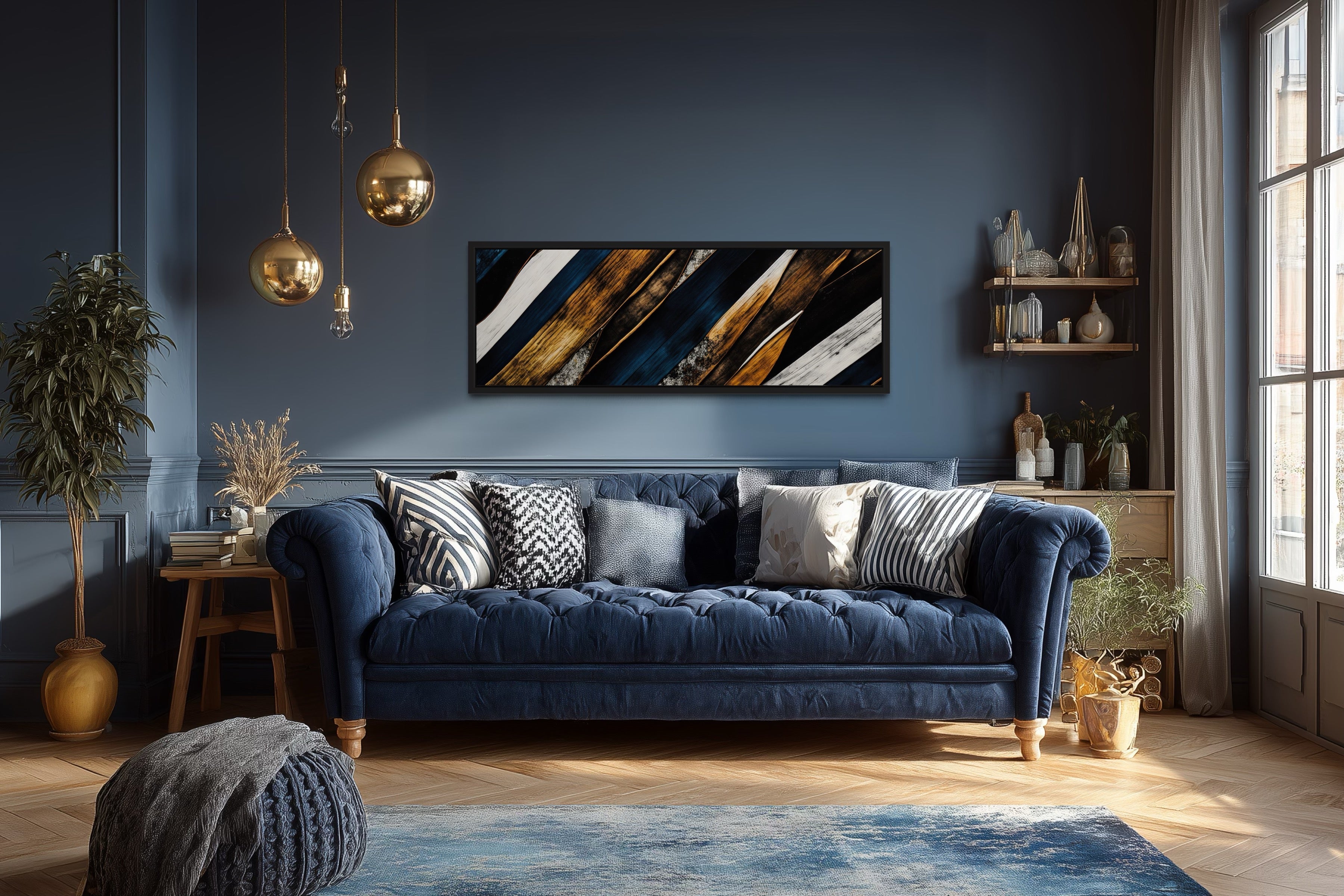 Navy Blue And Gold Long Horizontal Narrow Modern Rustic Framed Canvas Wall Art