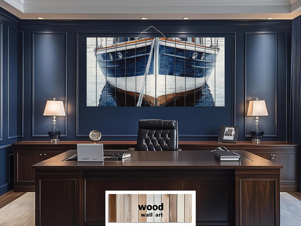Navy Blue Boat Real Wood Nautical Wall Art