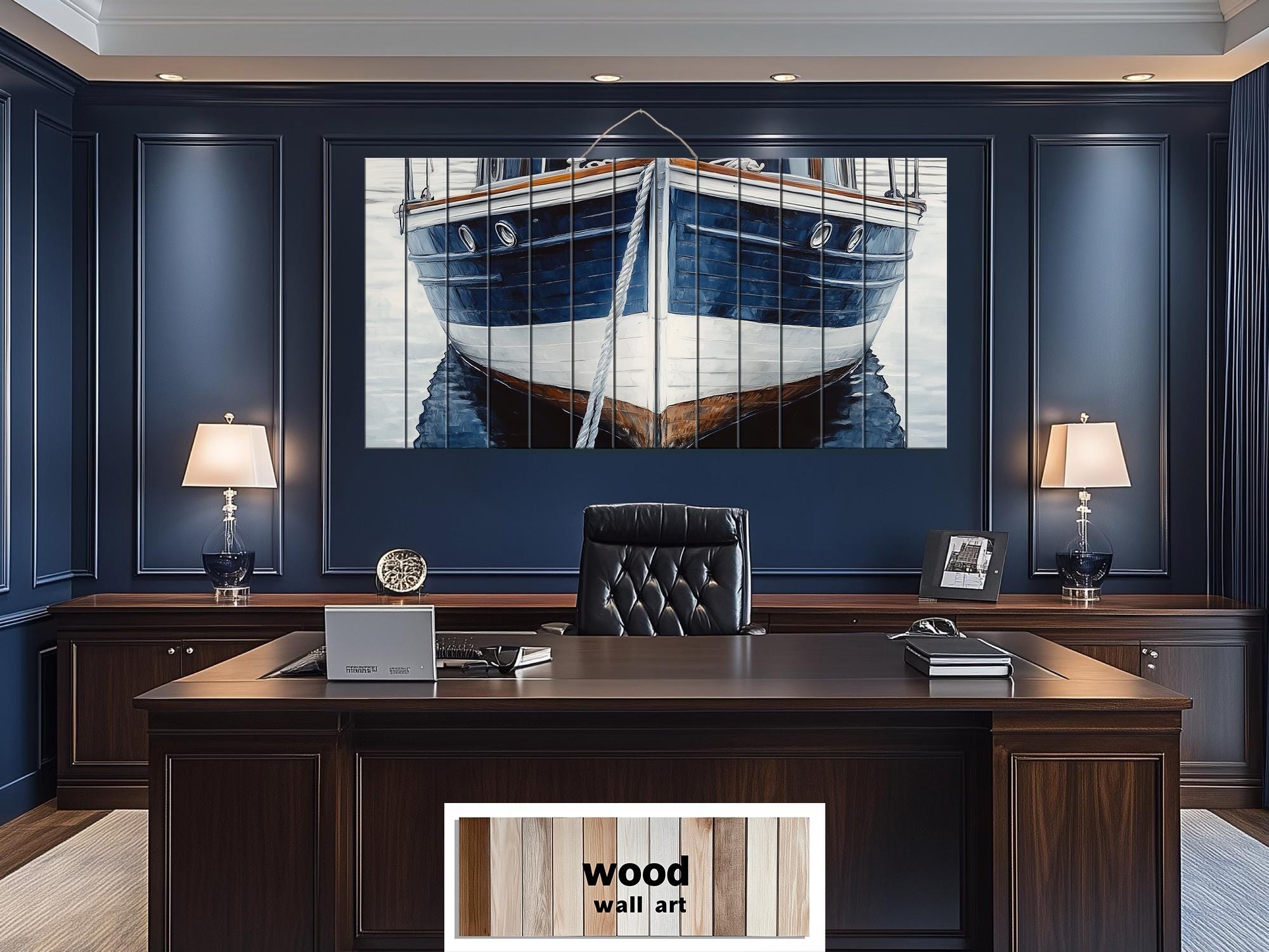 Navy Blue Boat Real Wood Nautical Wall Art