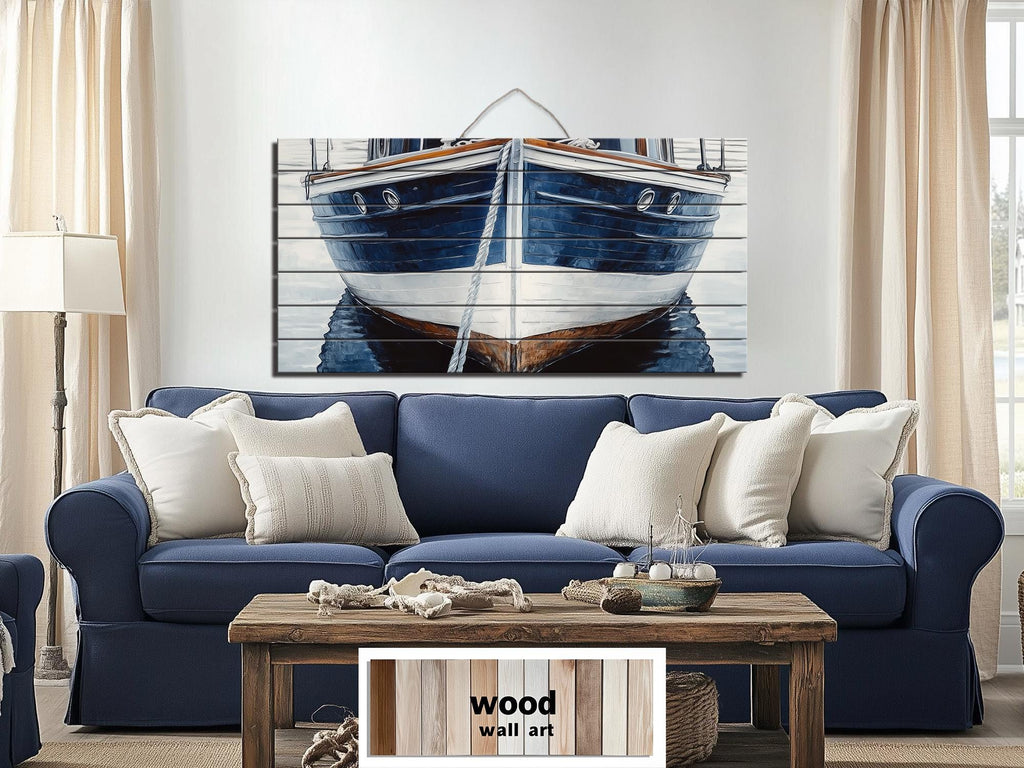 Navy Blue Boat Real Wood Nautical Wall Art
