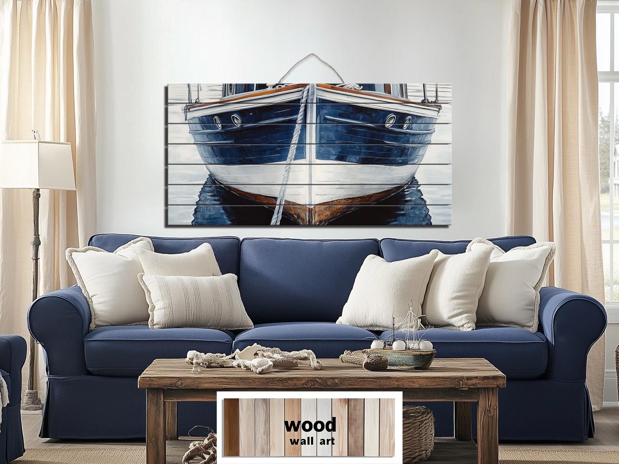 Navy Blue Boat Real Wood Nautical Wall Art