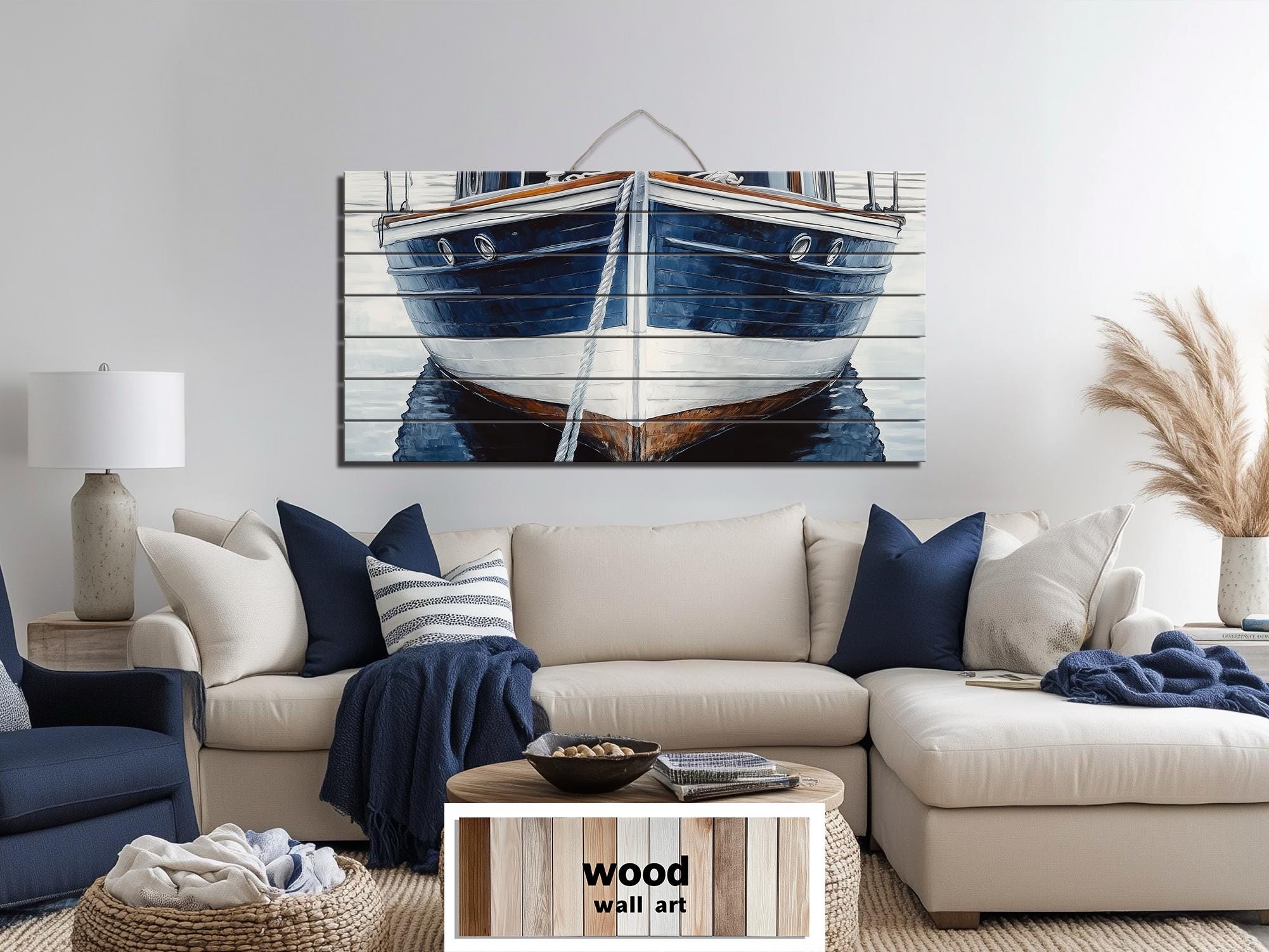 Navy Blue Boat Real Wood Nautical Wall Art