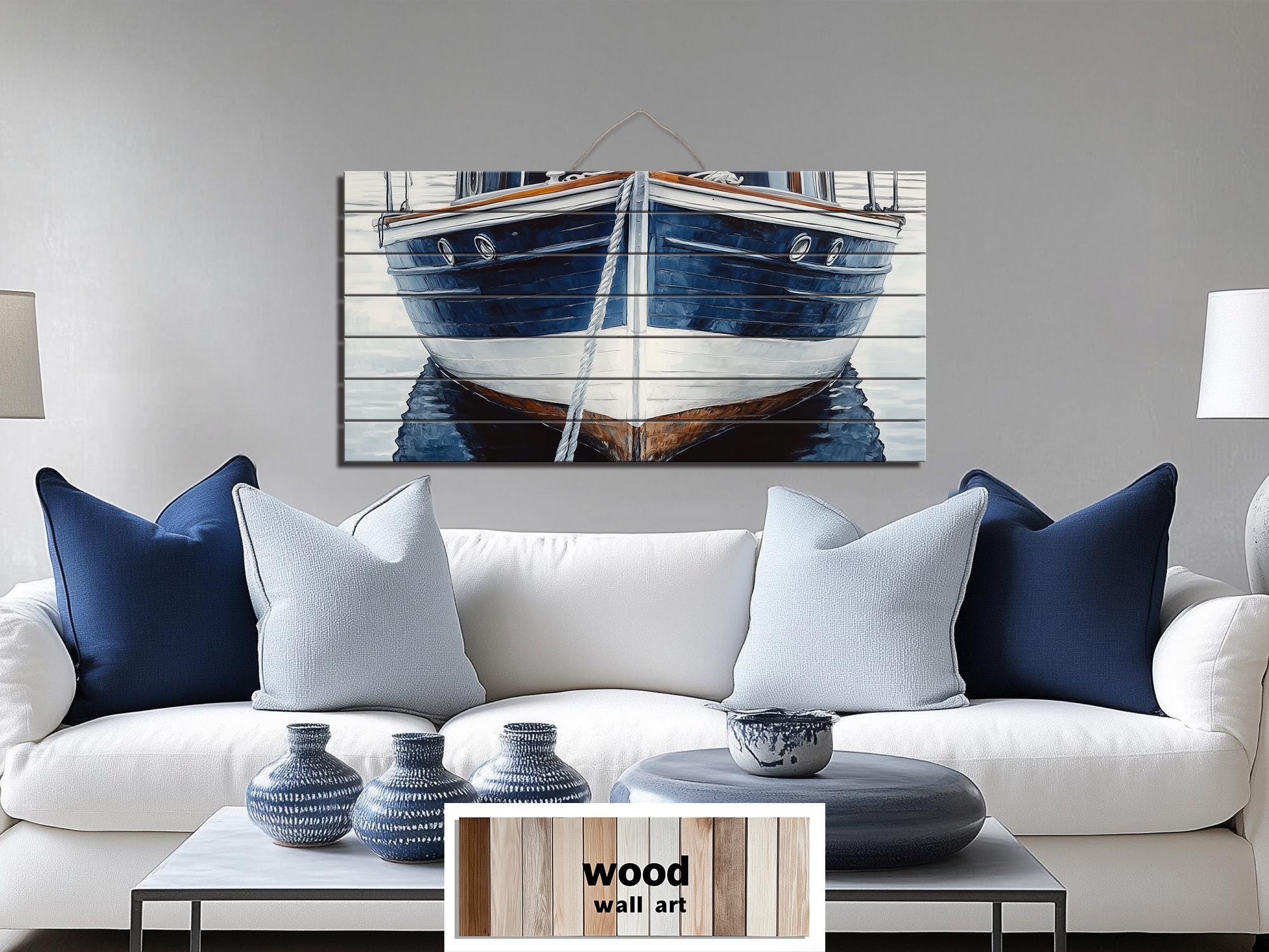 Navy Blue Boat Real Wood Nautical Wall Art