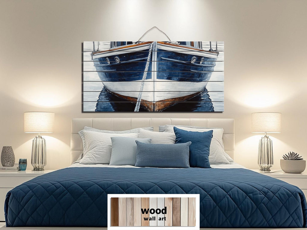 Navy Blue Boat Real Wood Nautical Wall Art