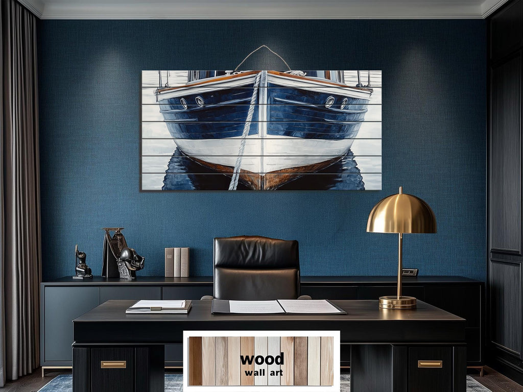 Navy Blue Boat Real Wood Nautical Wall Art