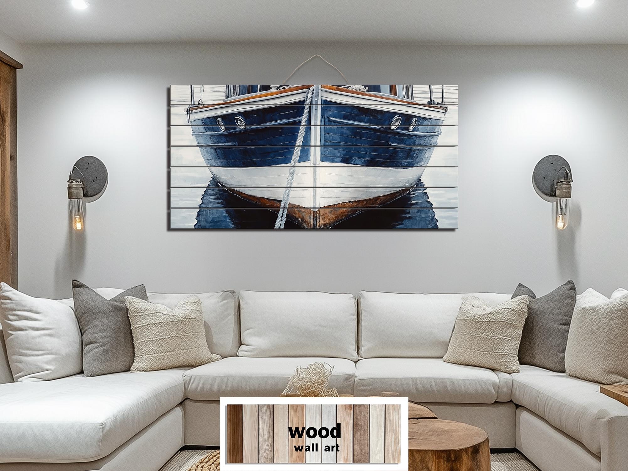 Navy Blue Boat Real Wood Nautical Wall Art
