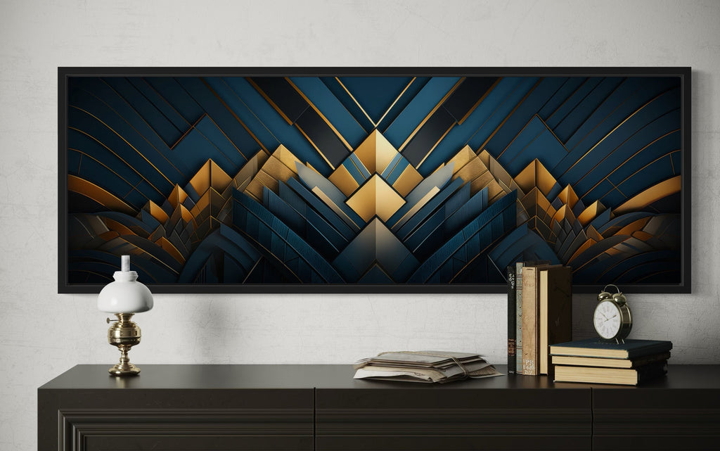 Navy Blue Gold  Art Deco Panoramic Painting Framed Canvas Wall Art