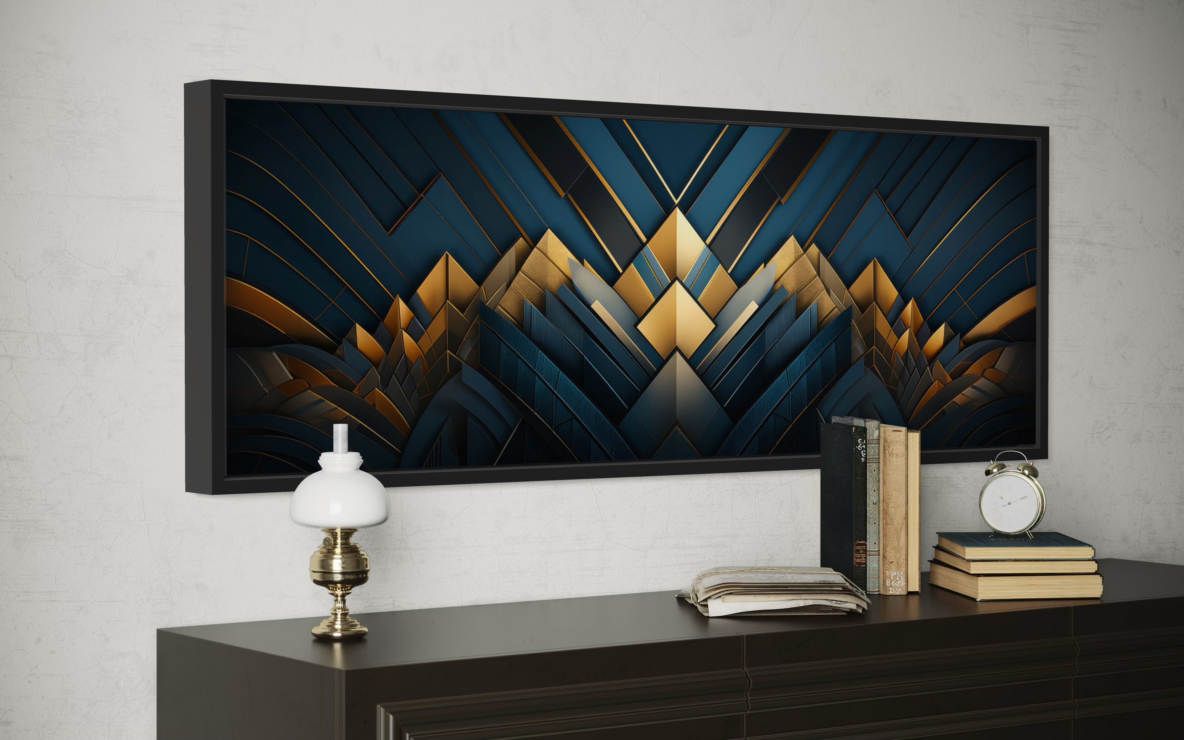 Navy Blue Gold  Art Deco Panoramic Painting Framed Canvas Wall Art