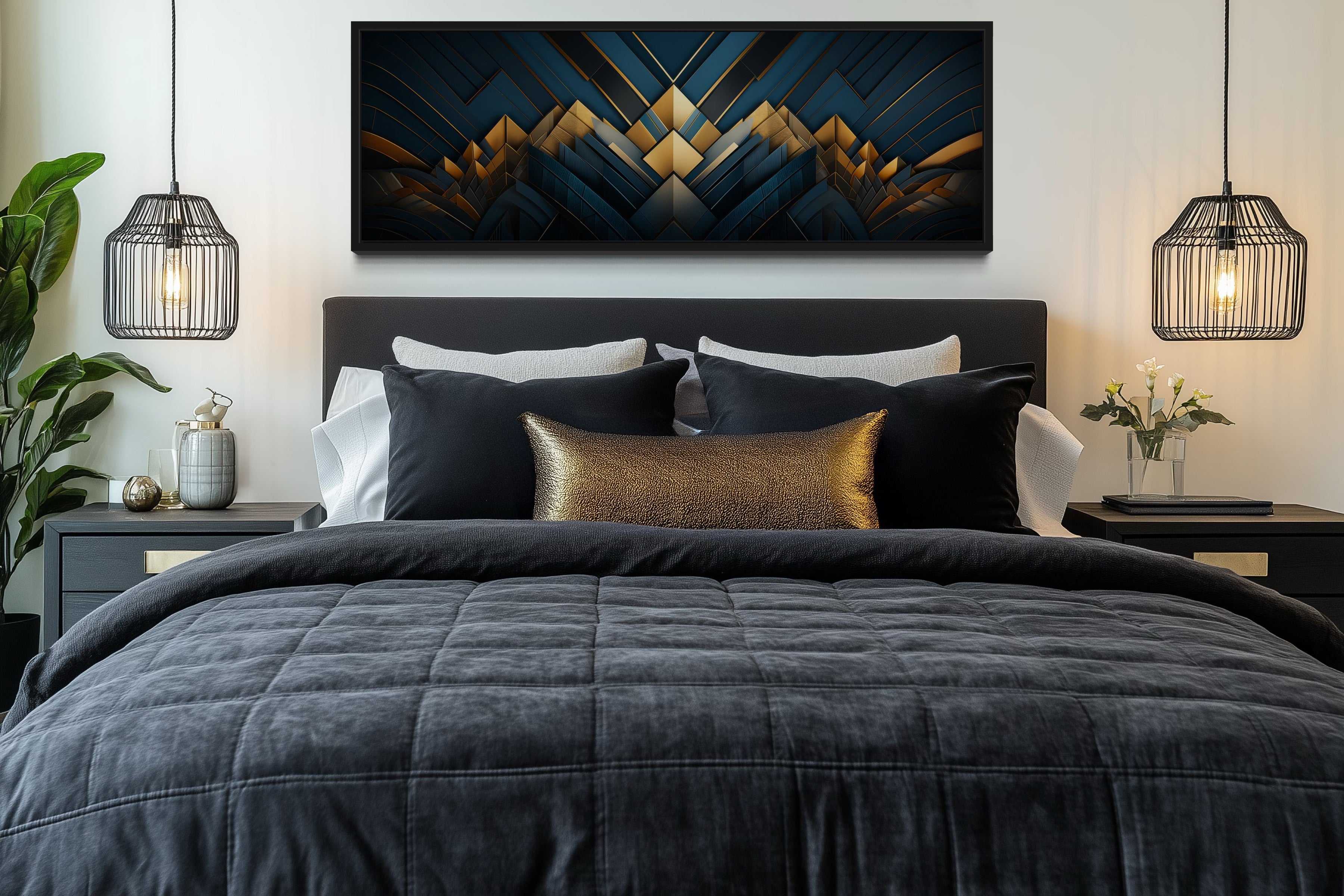 Navy Blue Gold  Art Deco Panoramic Painting Framed Canvas Wall Art