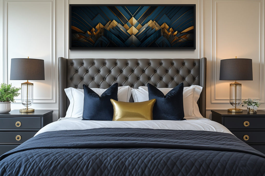 Navy Blue Gold  Art Deco Panoramic Painting Framed Canvas Wall Art
