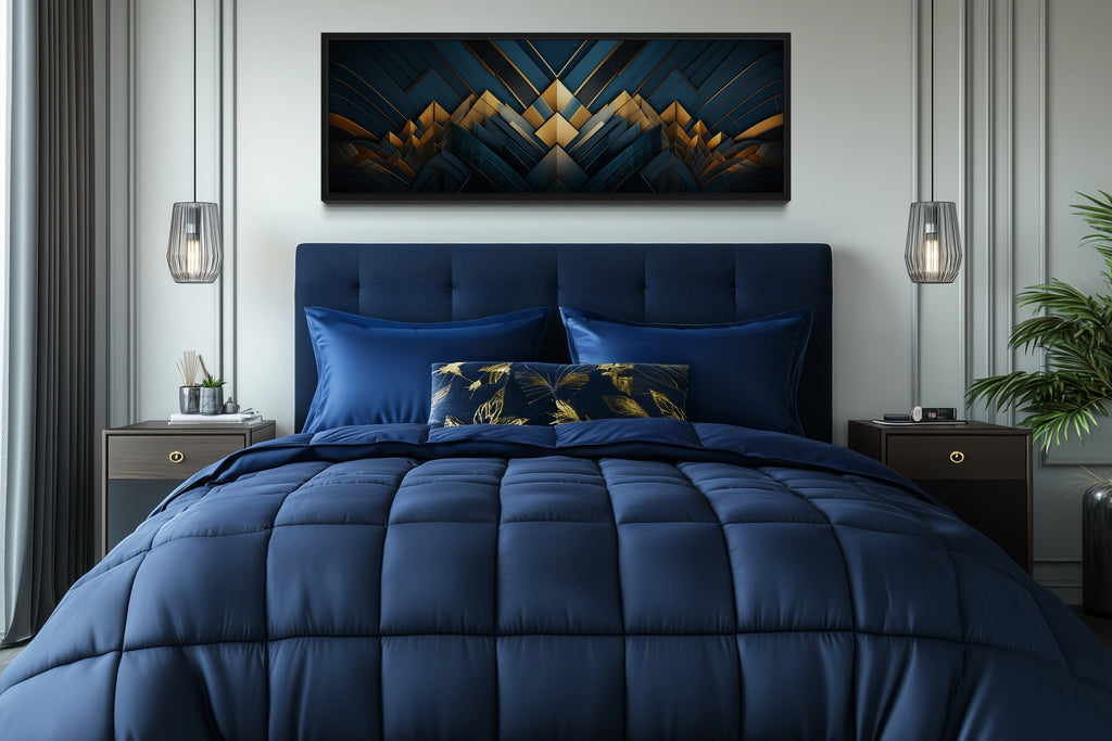 Navy Blue Gold  Art Deco Panoramic Painting Framed Canvas Wall Art