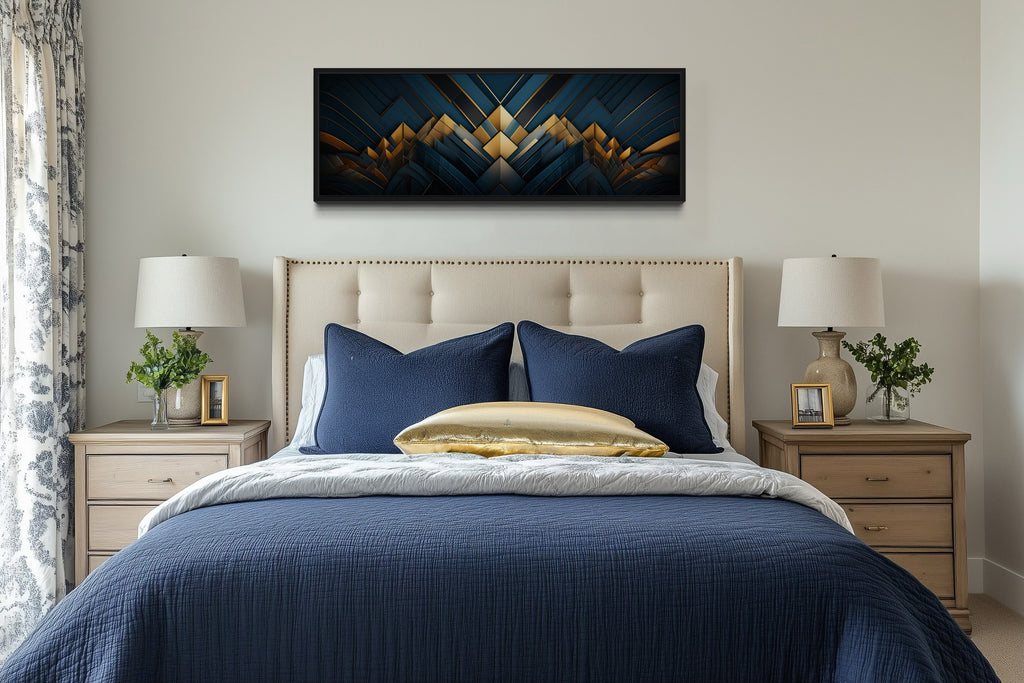 Navy Blue Gold  Art Deco Panoramic Painting Framed Canvas Wall Art