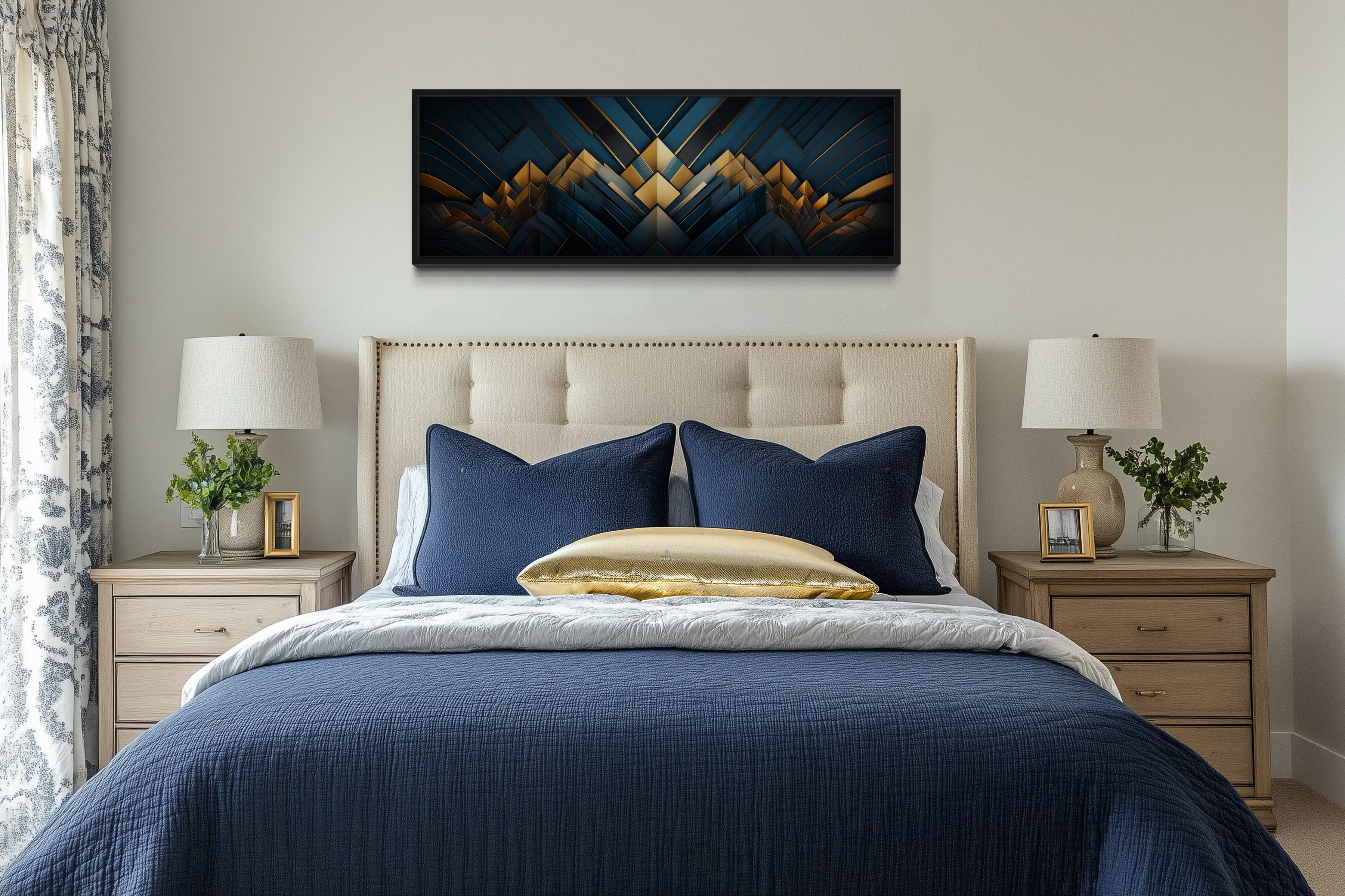 Navy Blue Gold  Art Deco Panoramic Painting Framed Canvas Wall Art