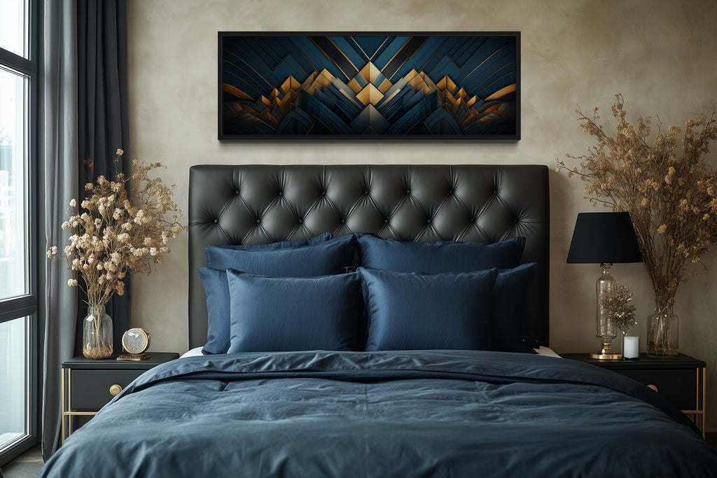 Navy Blue Gold  Art Deco Panoramic Painting Framed Canvas Wall Art