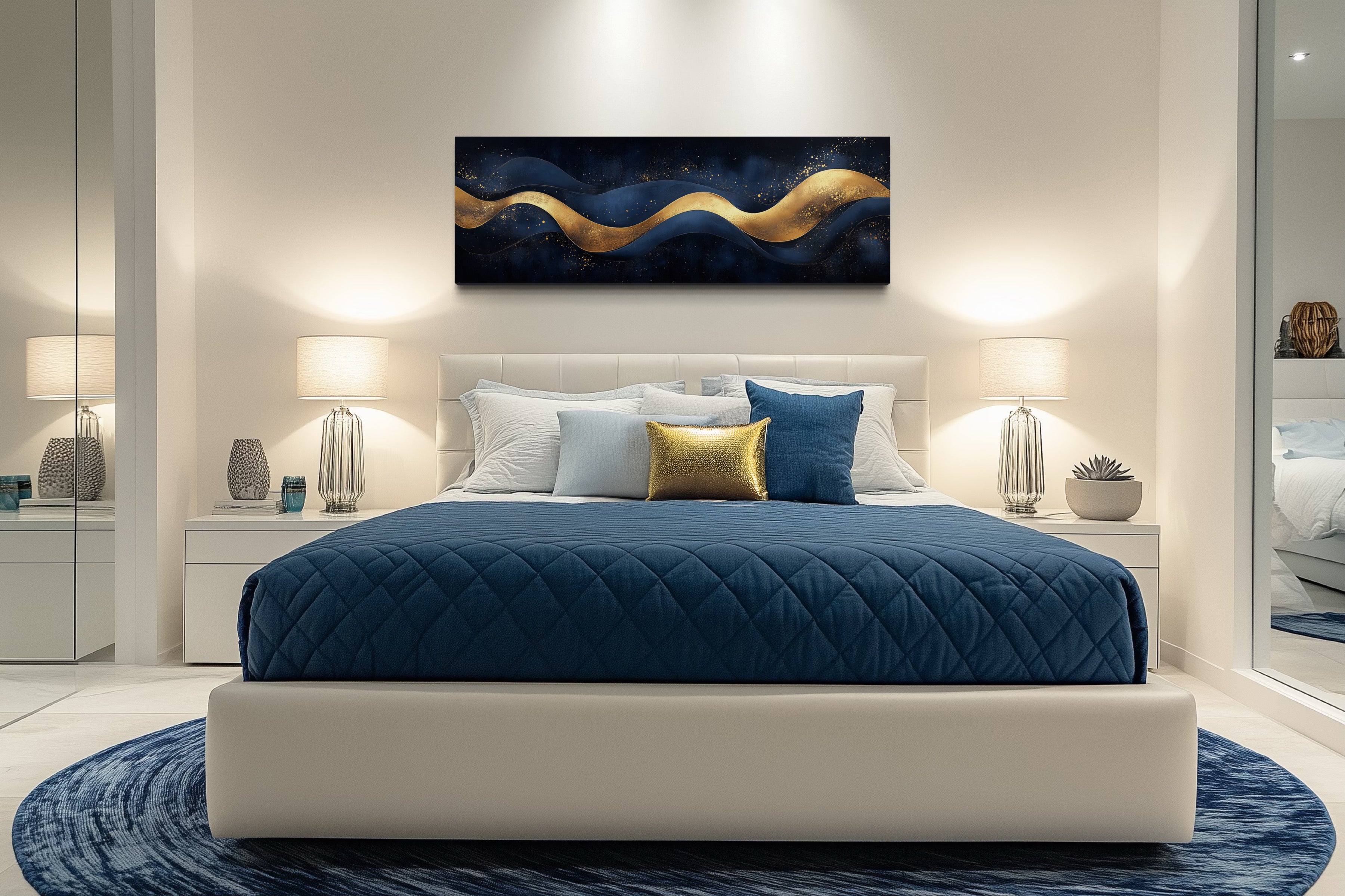 Navy Blue Gold  Luxury Modern Abstract Above Bed Canvas Wall Art