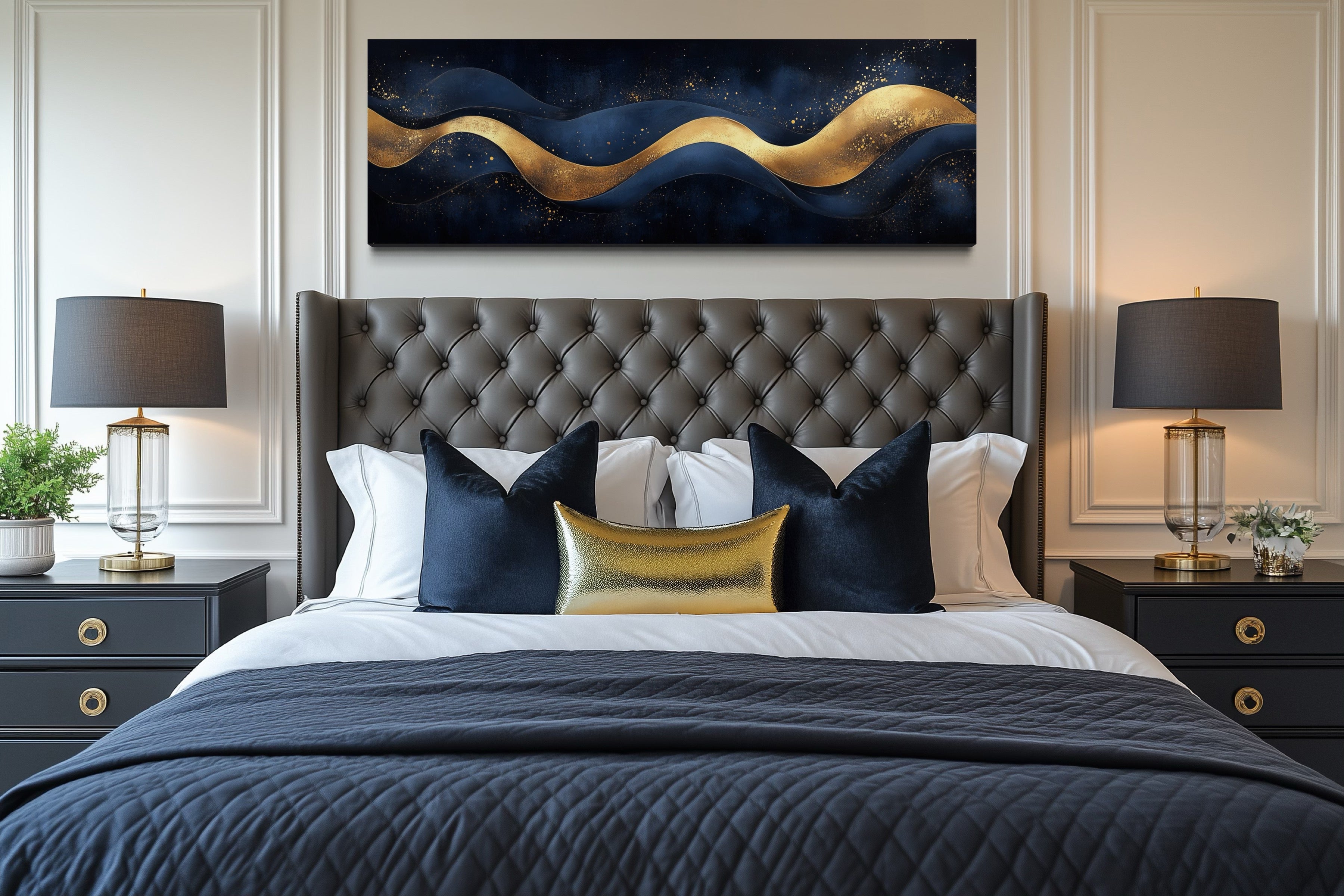Navy Blue Gold  Luxury Modern Abstract Above Bed Canvas Wall Art