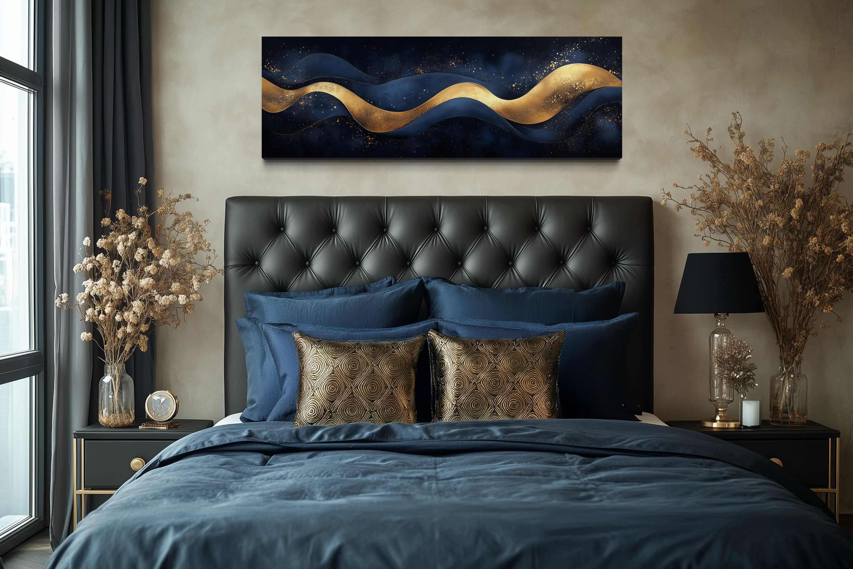 Navy Blue Gold  Luxury Modern Abstract Above Bed Canvas Wall Art