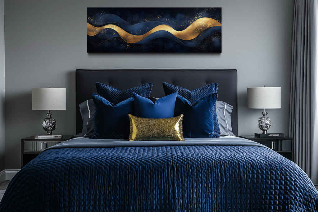 Navy Blue Gold  Luxury Modern Abstract Above Bed Canvas Wall Art