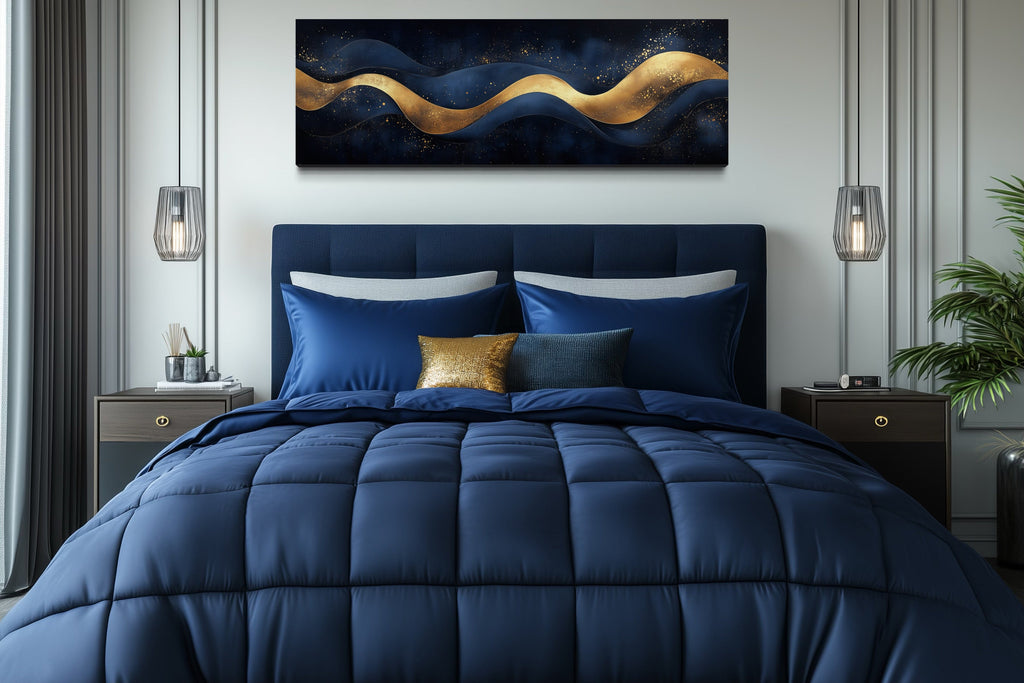 Navy Blue Gold  Luxury Modern Abstract Above Bed Canvas Wall Art