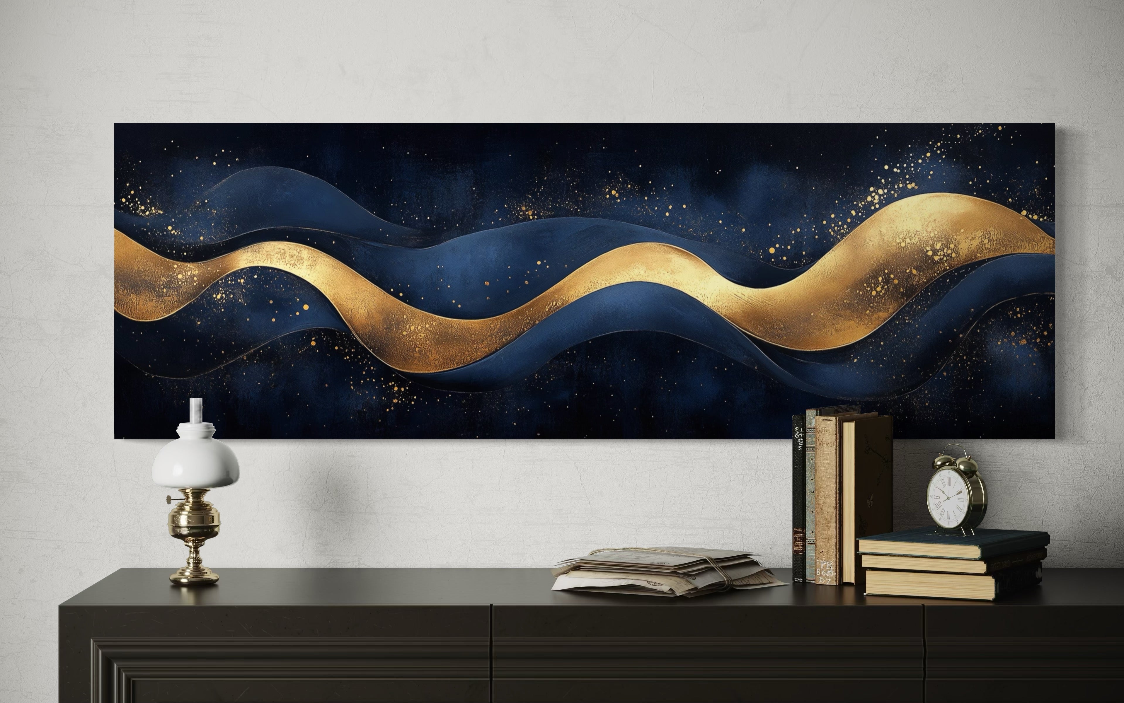 Navy Blue Gold  Luxury Modern Abstract Above Bed Canvas Wall Art