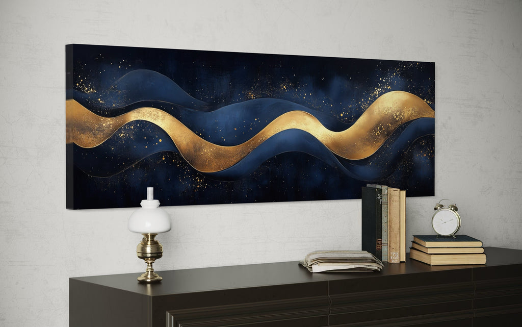 Navy Blue Gold  Luxury Modern Abstract Above Bed Canvas Wall Art