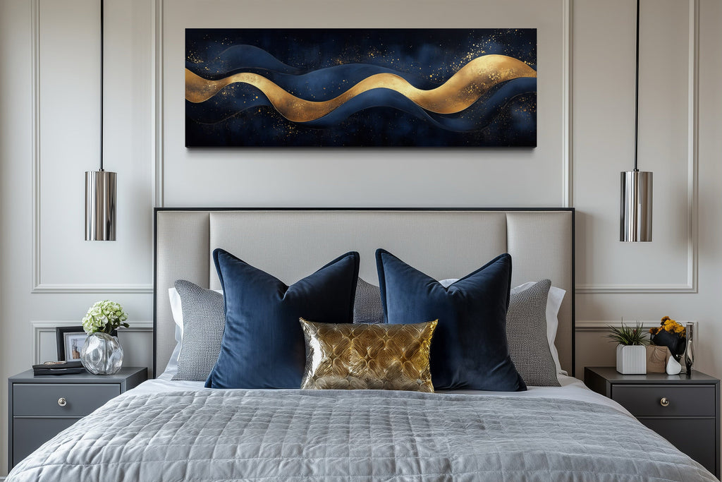 Navy Blue Gold  Luxury Modern Abstract Above Bed Canvas Wall Art