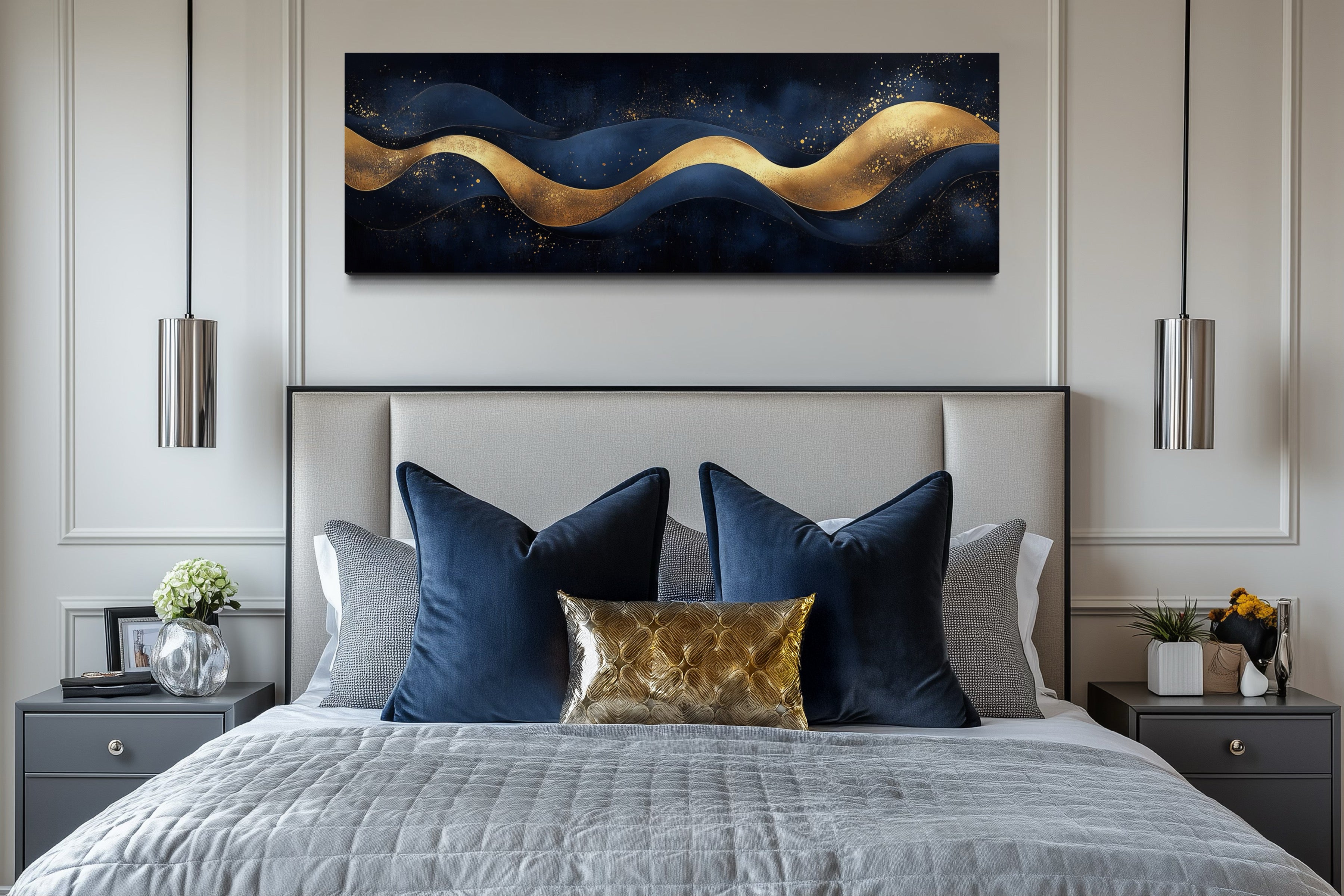 Navy Blue Gold  Luxury Modern Abstract Above Bed Canvas Wall Art